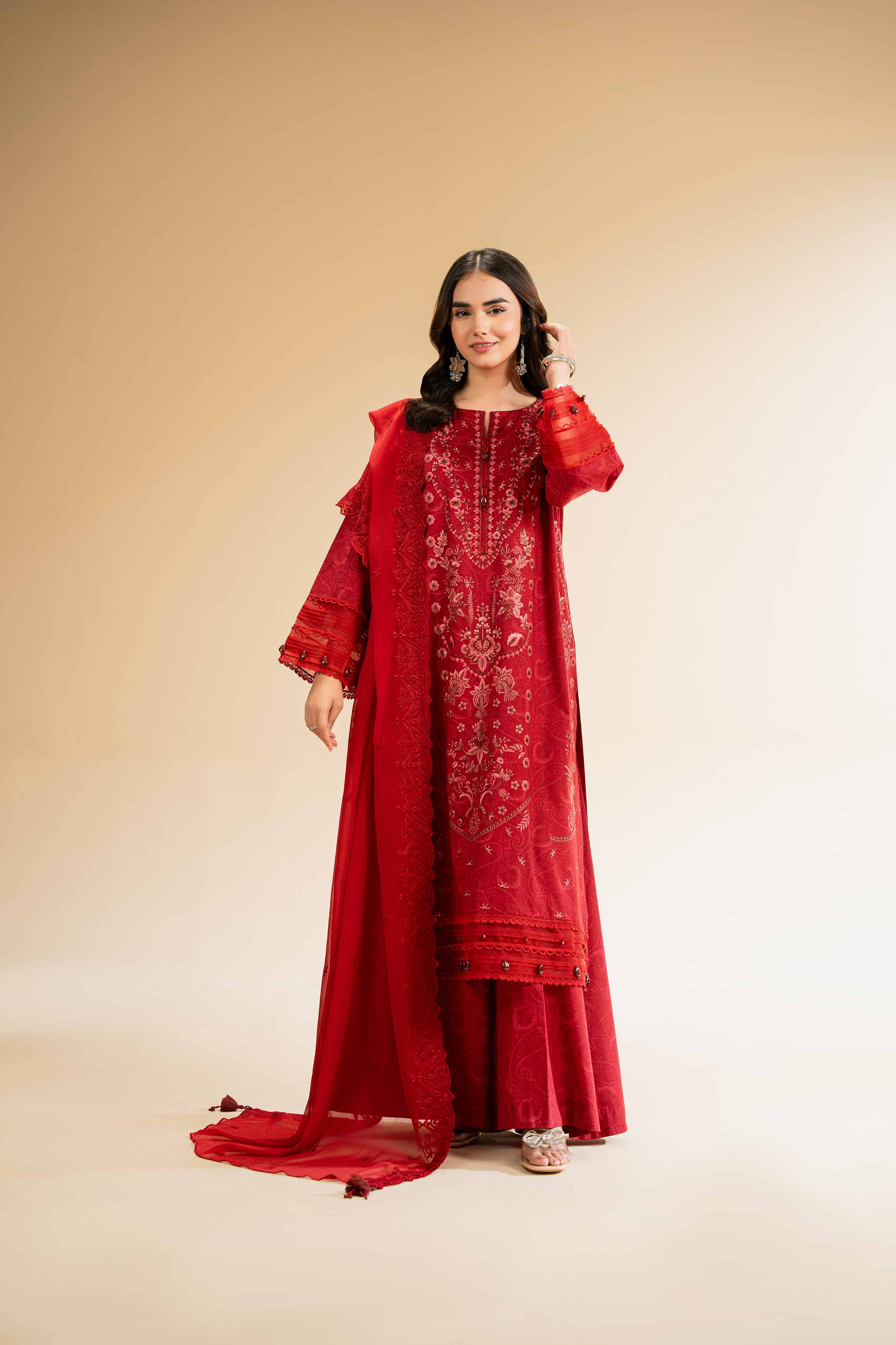 NishatUK - Red Embroidered Cambric 3-piece unstitched Suit
