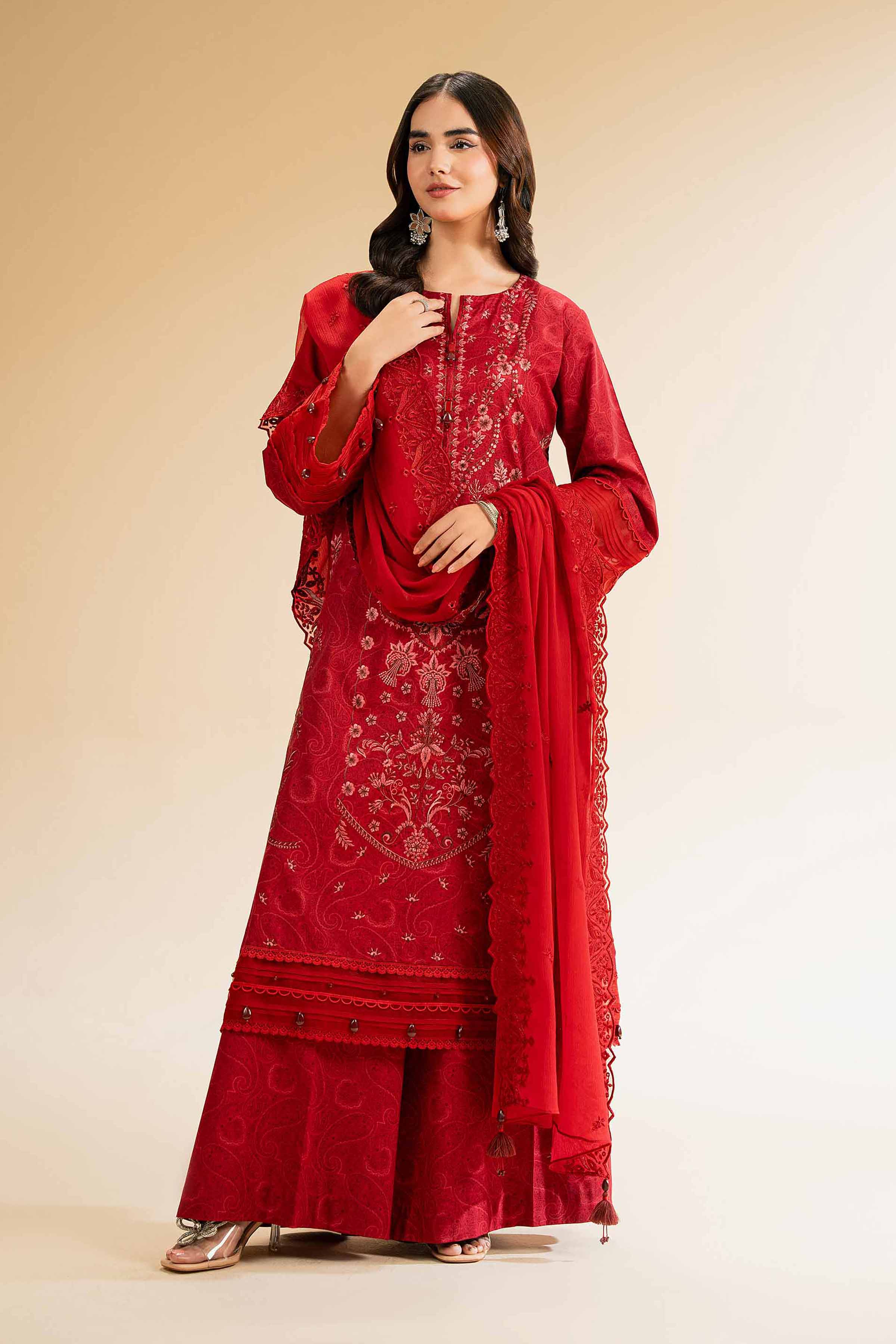 NishatUK - Red Embroidered Cambric 3-piece unstitched Suit