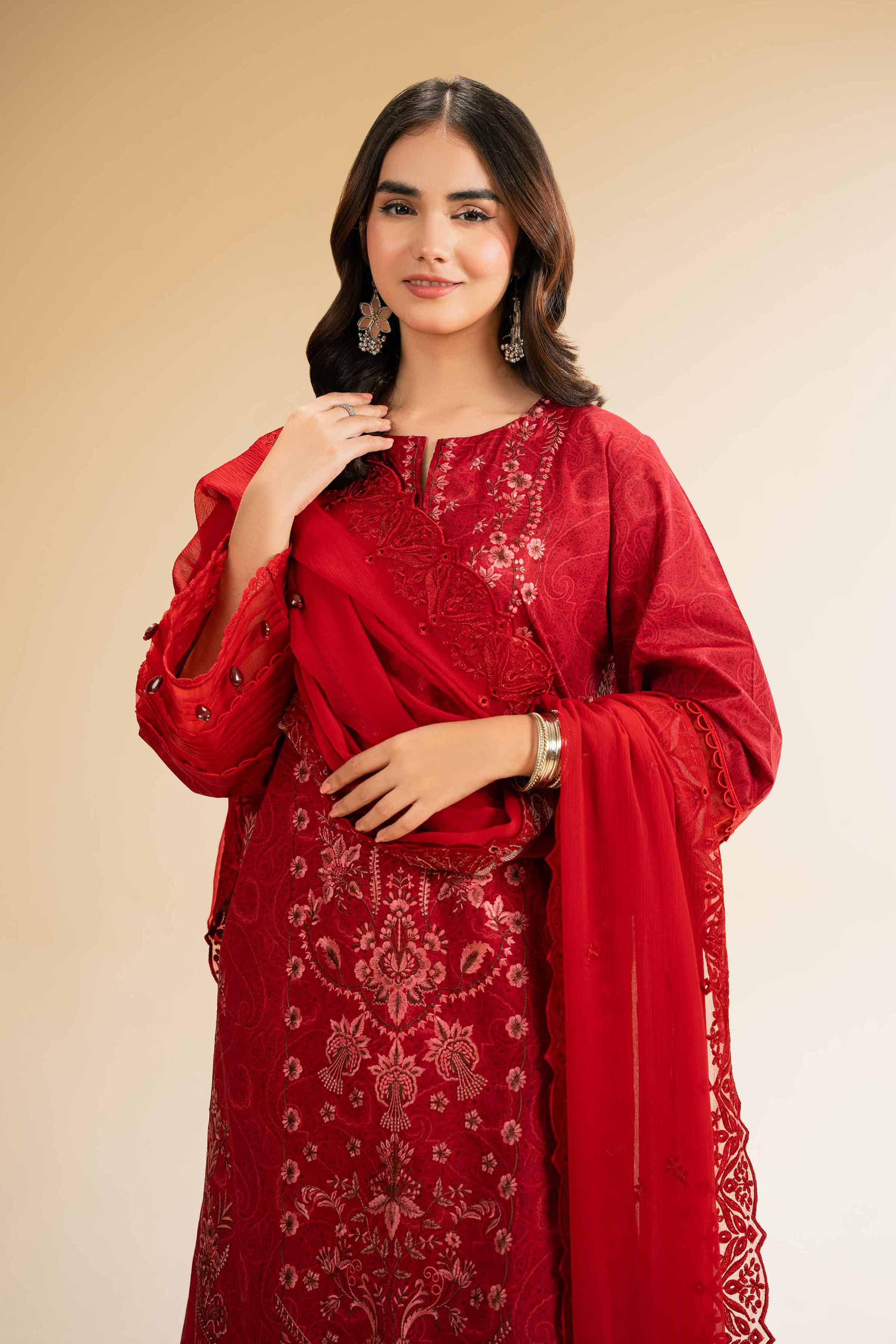 NishatUK - Red Embroidered Cambric 3-piece unstitched Suit