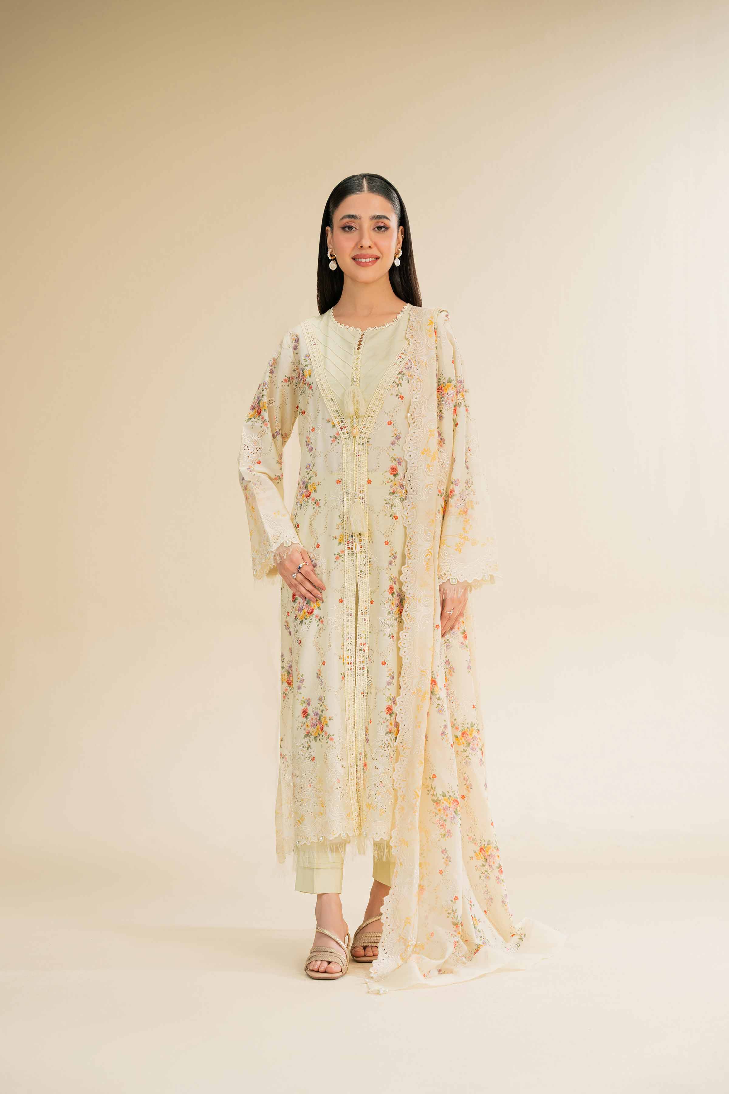 NishatUK - Pale Yellow Green Embroidered Cambric 3-piece unstitched Suit