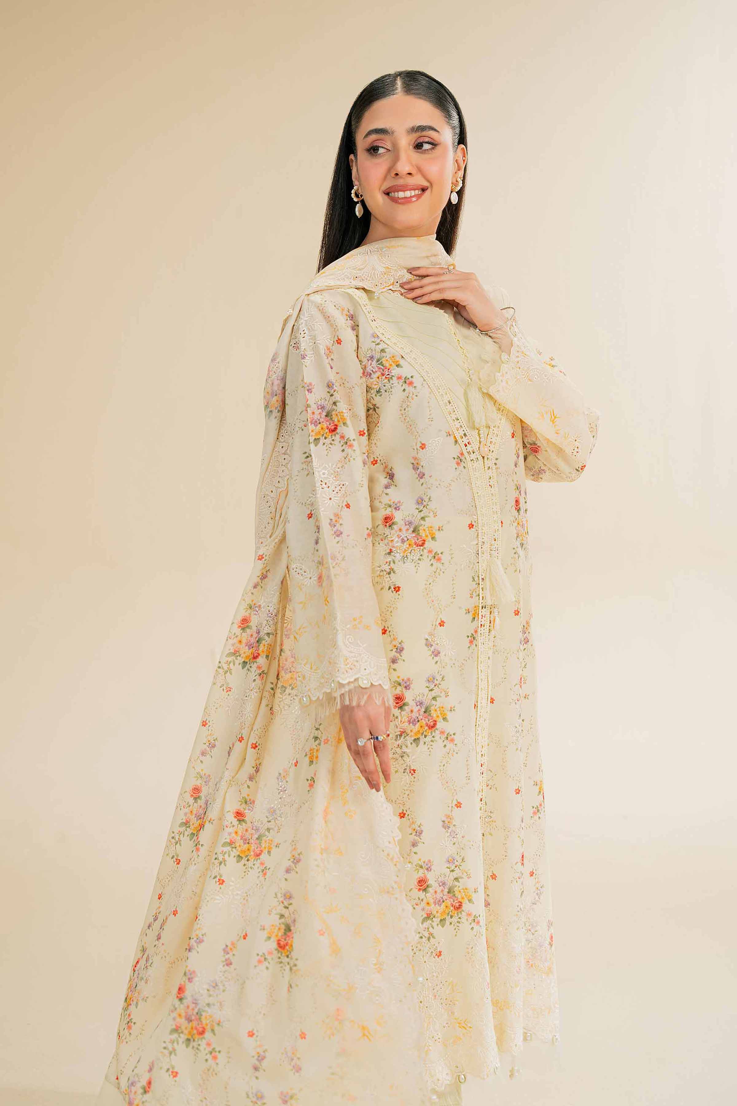 NishatUK - Pale Yellow Green Embroidered Cambric 3-piece unstitched Suit