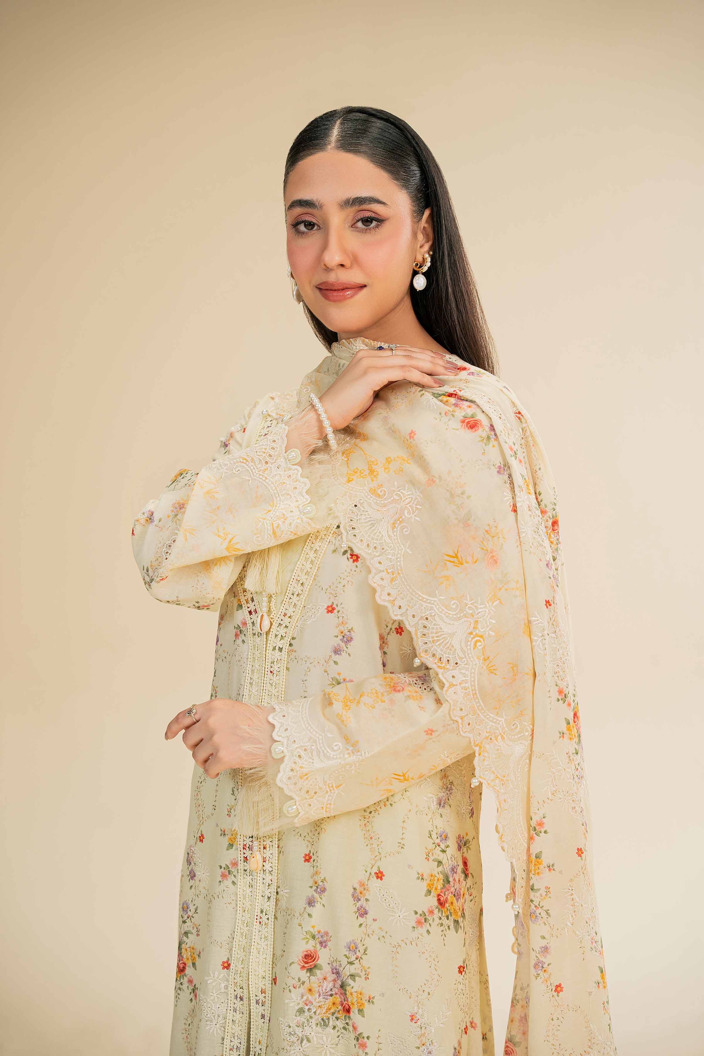 NishatUK - Pale Yellow Green Embroidered Cambric 3-piece unstitched Suit
