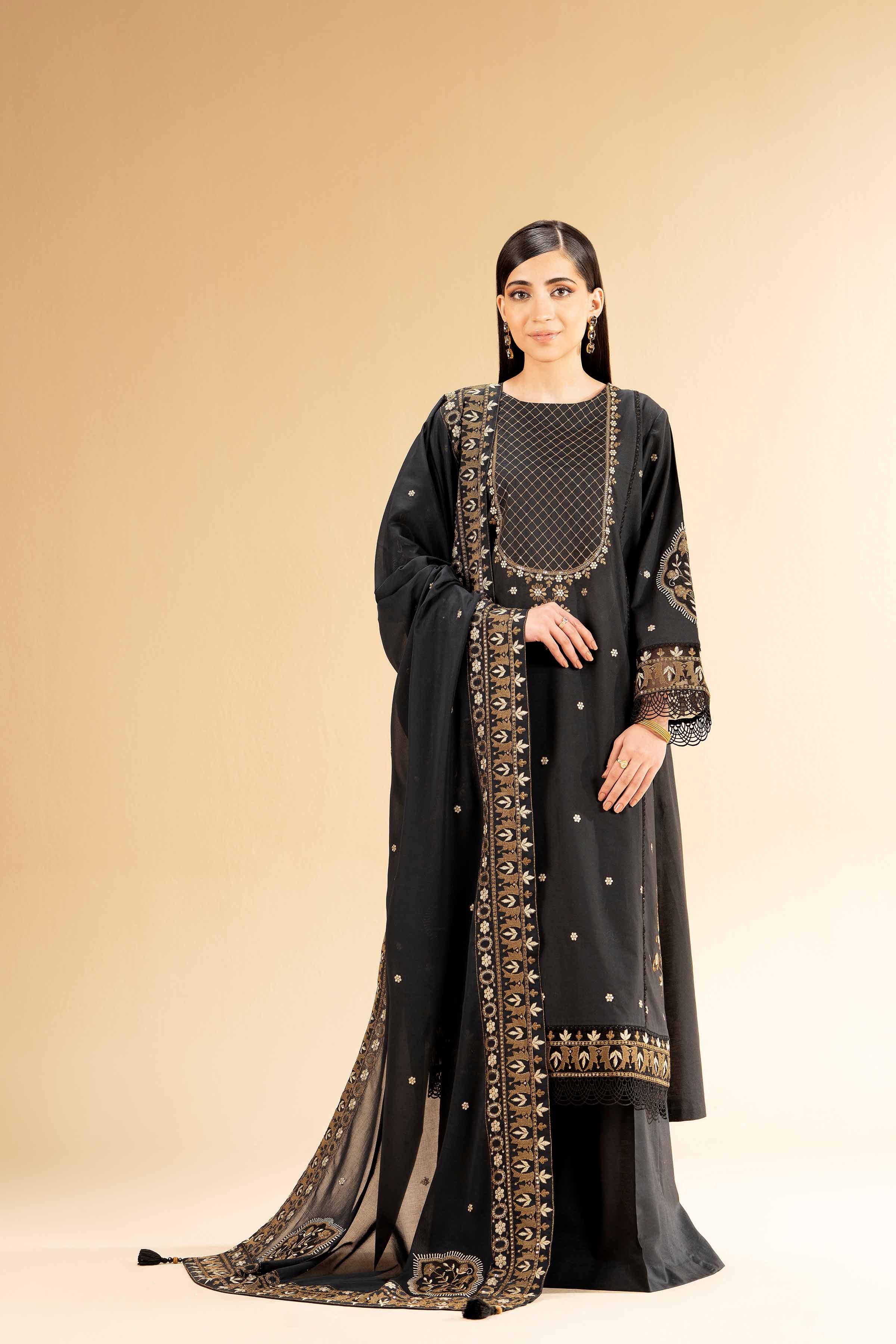 NishatUK - Black Embroidered Cambric 3-piece unstitched Suit