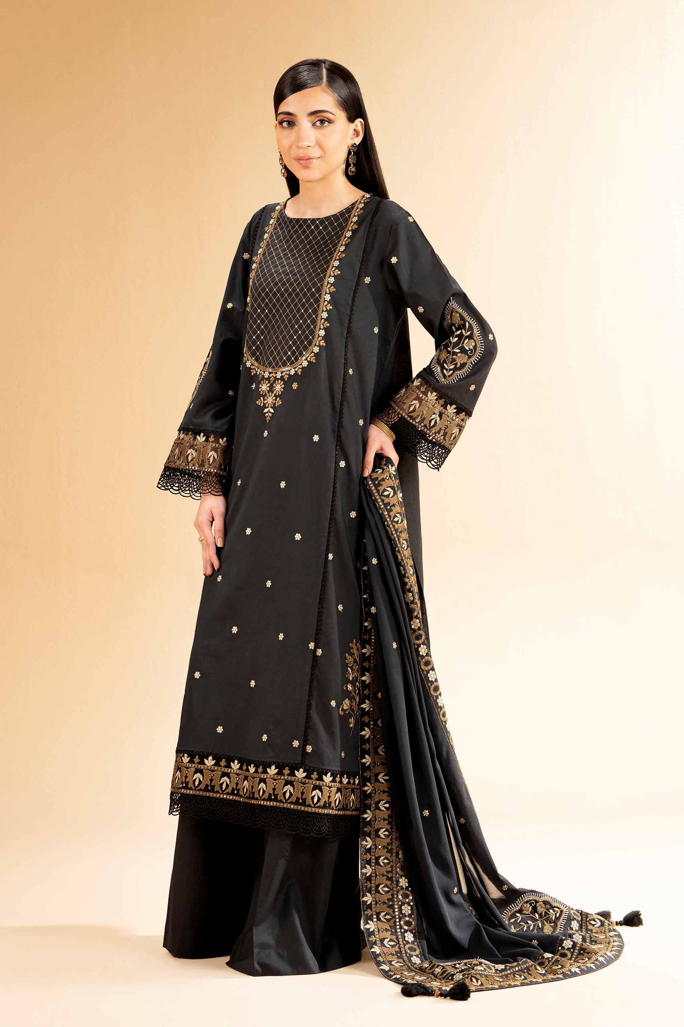 NishatUK - Black Embroidered Cambric 3-piece unstitched Suit