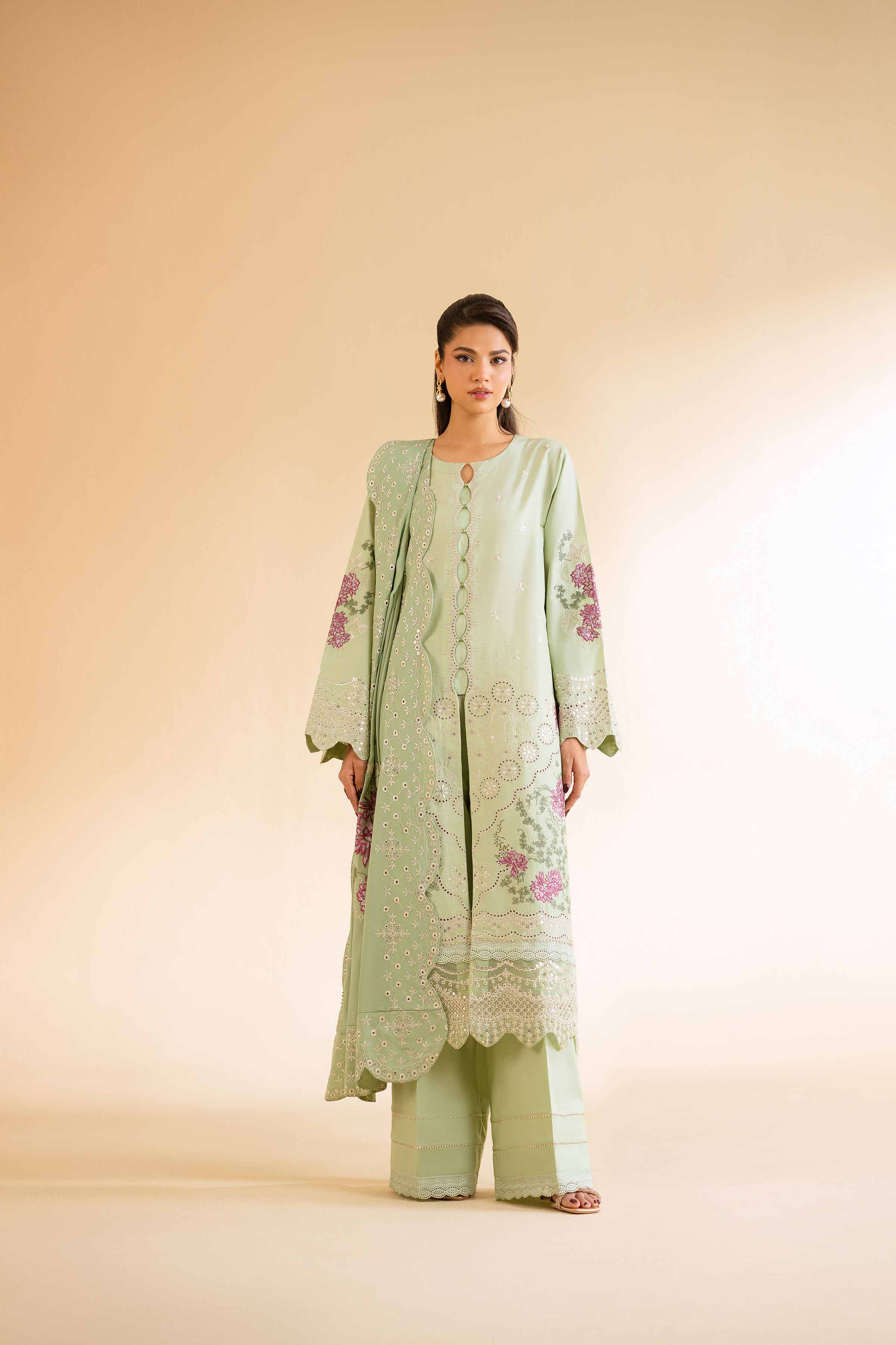 NishatUK - Green Embroidered Cambric 3-piece unstitched Suit