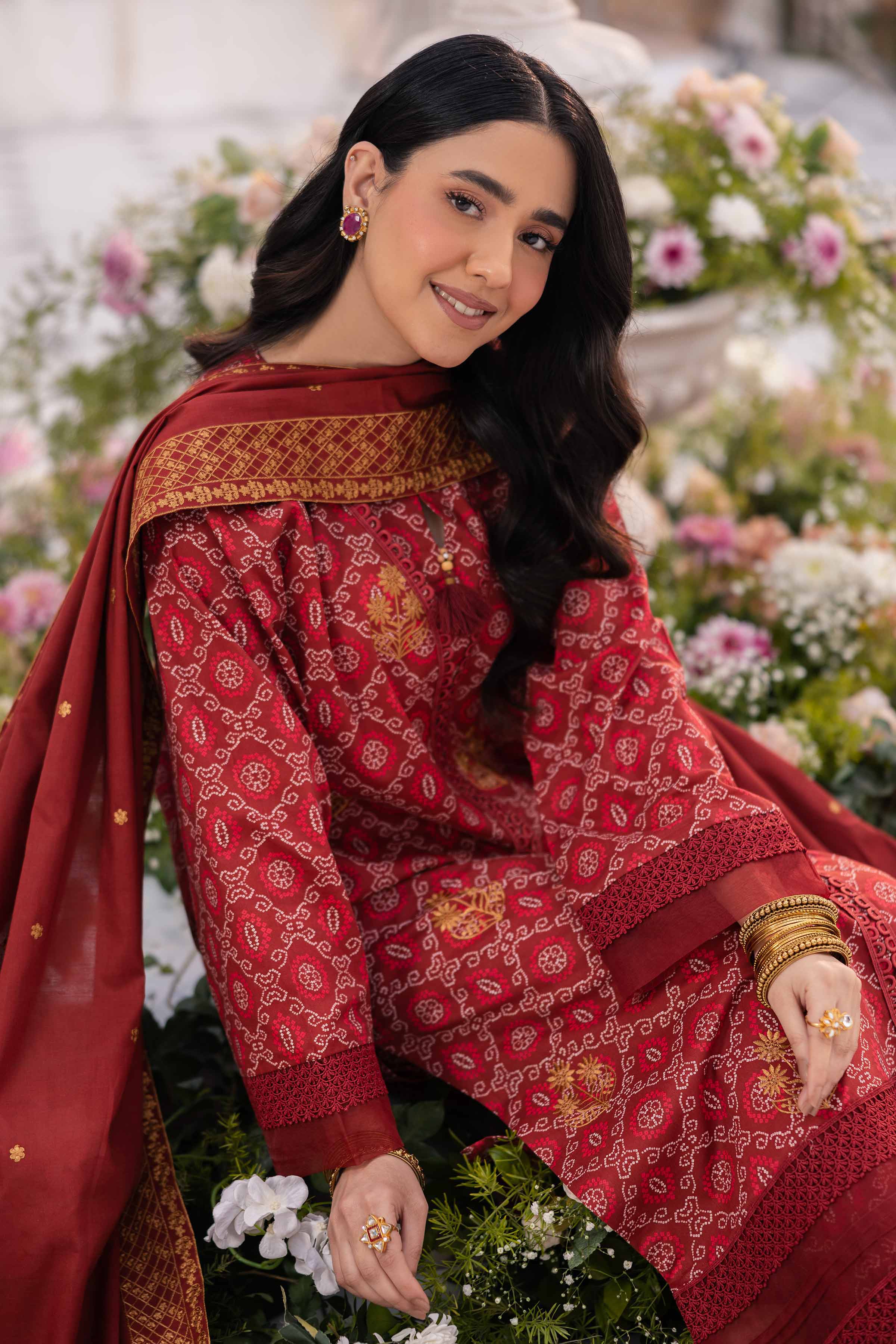 NishatUK - Red Embroidered Cambric 3-piece unstitched Suit