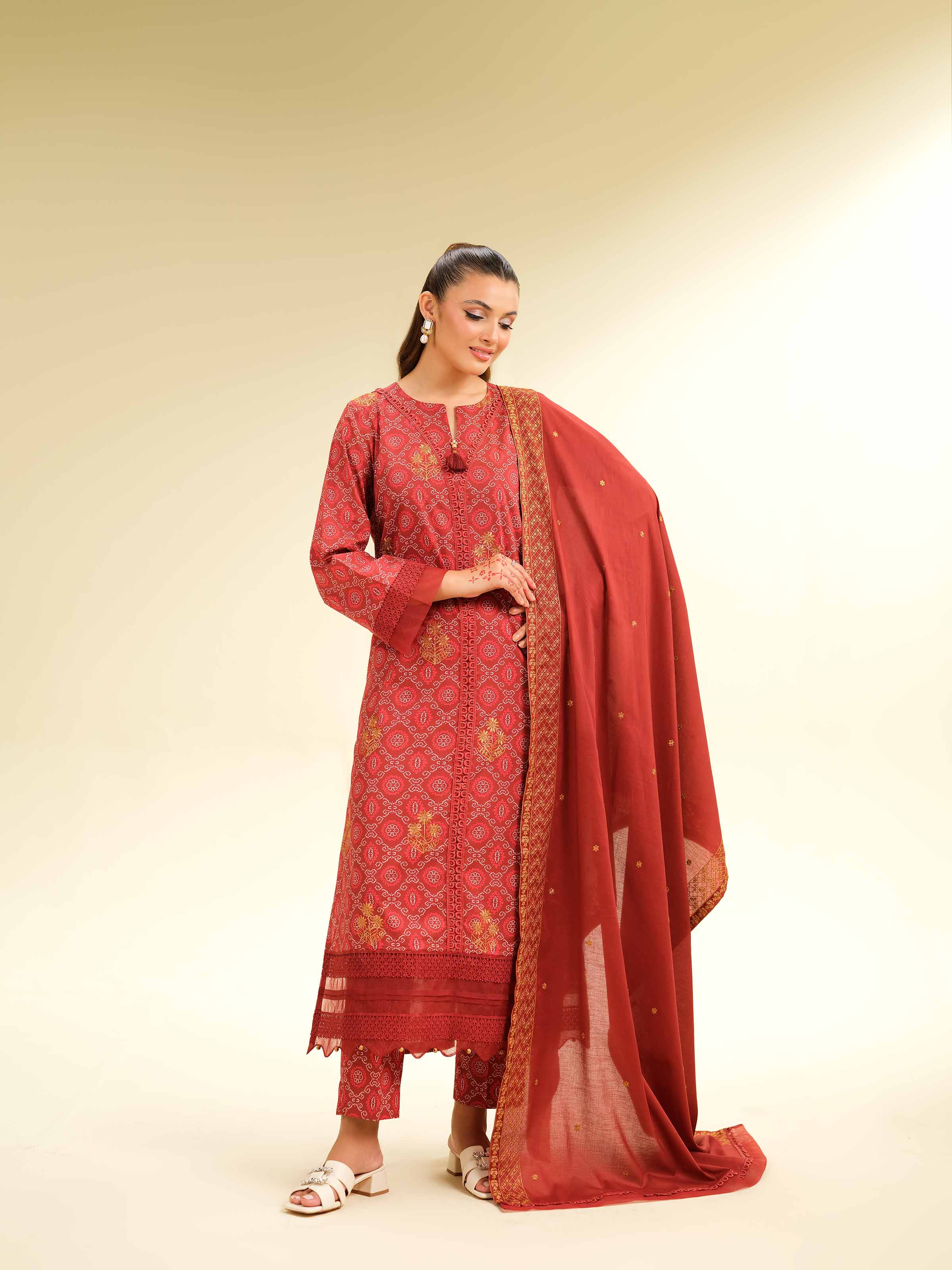 NishatUK - Red Embroidered Cambric 3-piece unstitched Suit