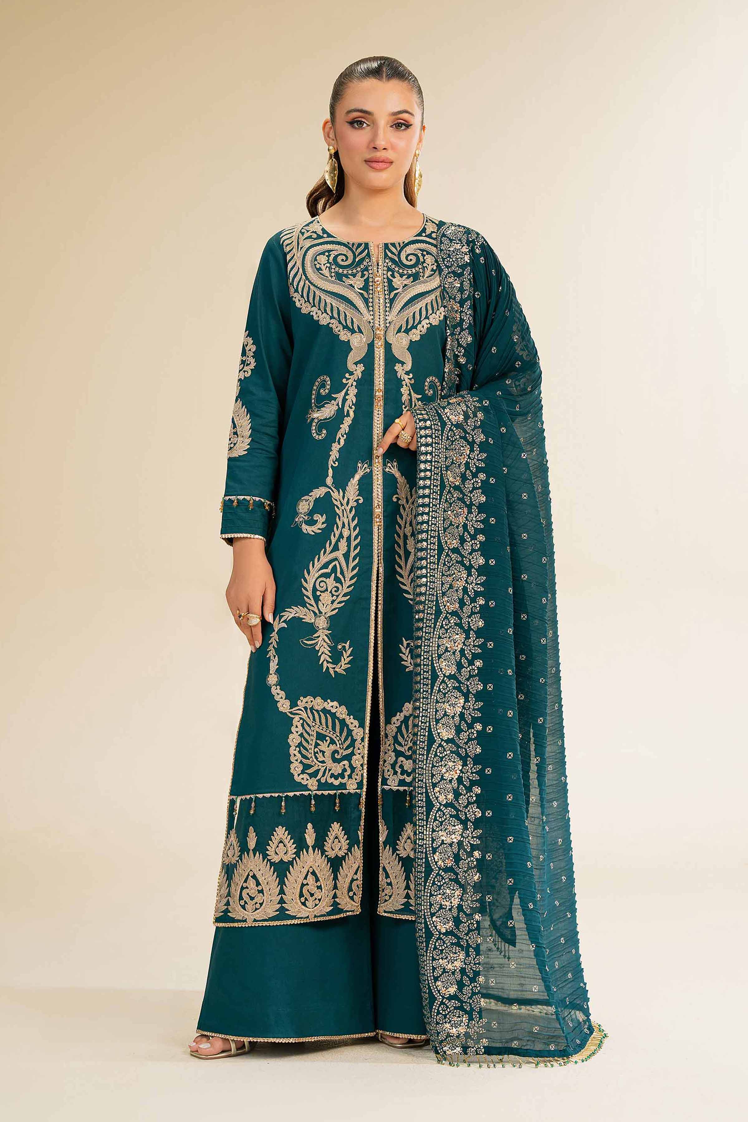 NishatUK - Green Embroidered Cambric 3-piece unstitched Suit
