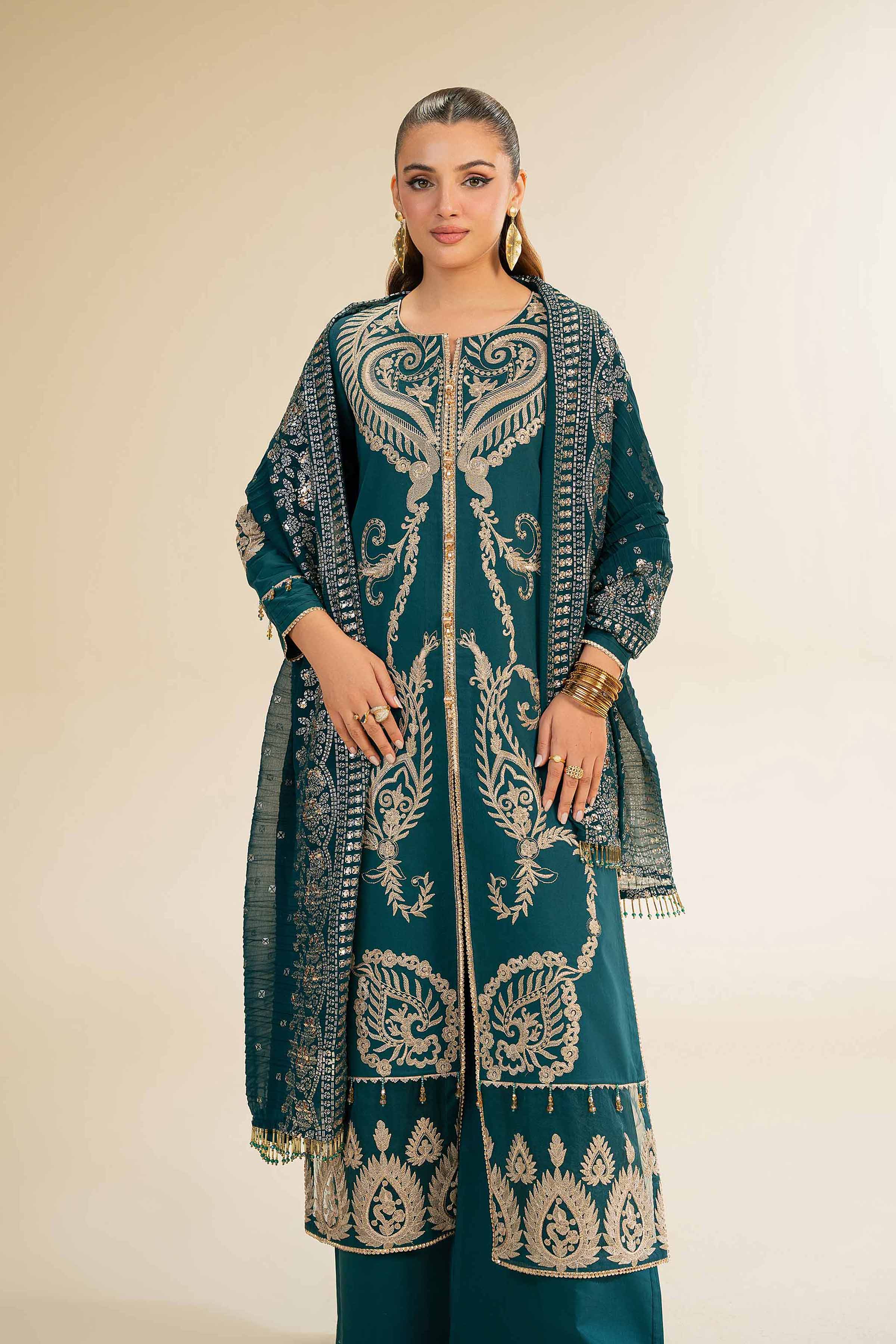 NishatUK - Green Embroidered Cambric 3-piece unstitched Suit
