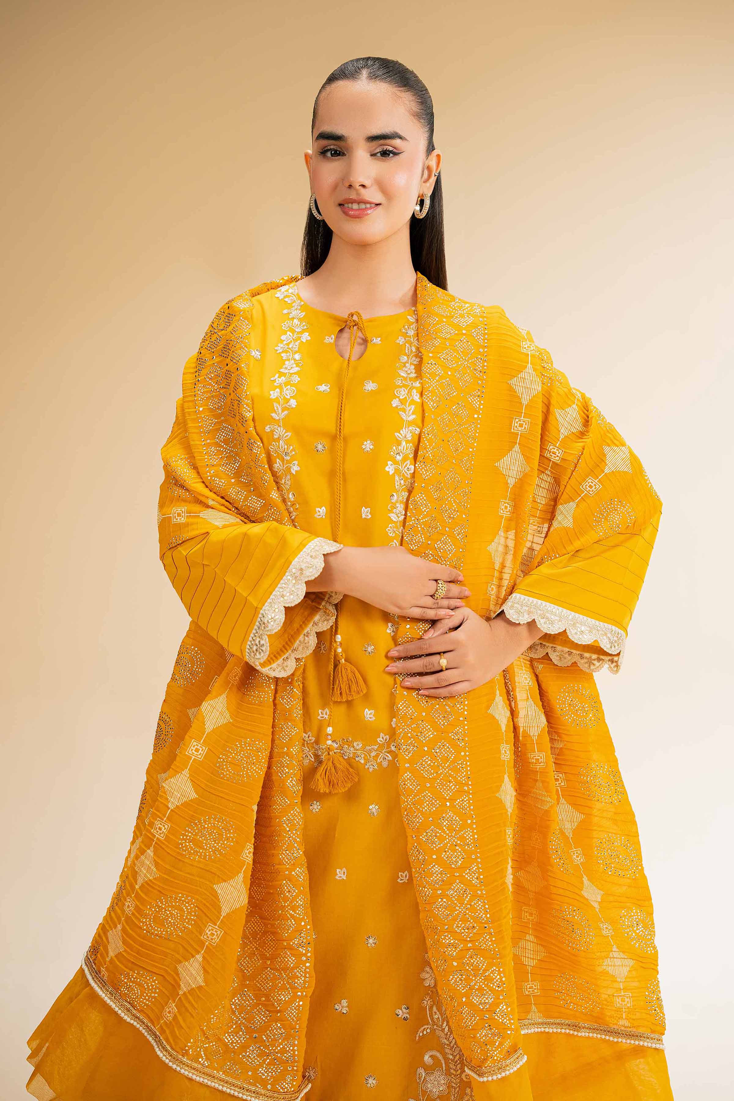 NishatUK - Mustard Embroidered Cambric 3-piece unstitched Suit