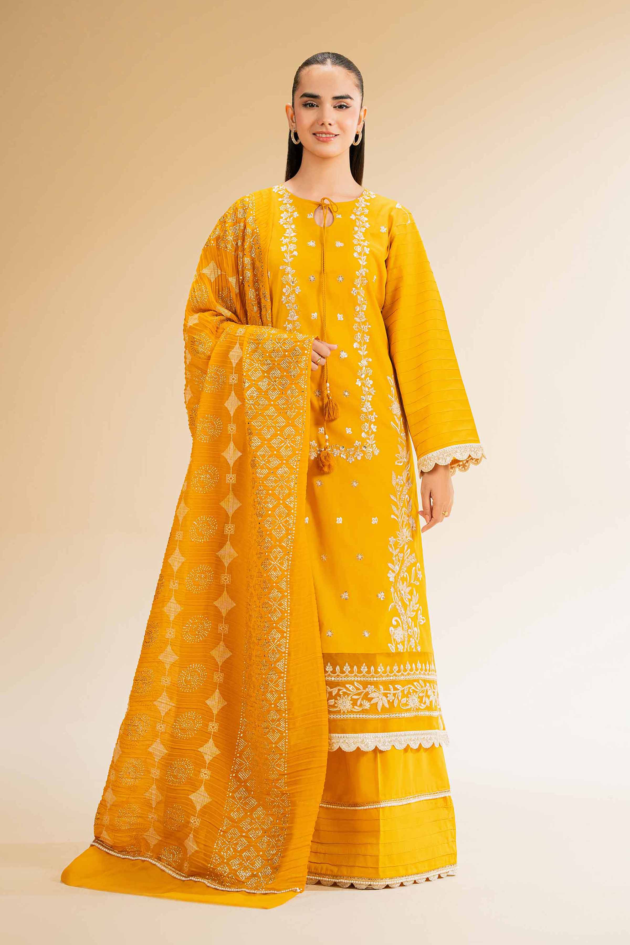 NishatUK - Mustard Embroidered Cambric 3-piece unstitched Suit