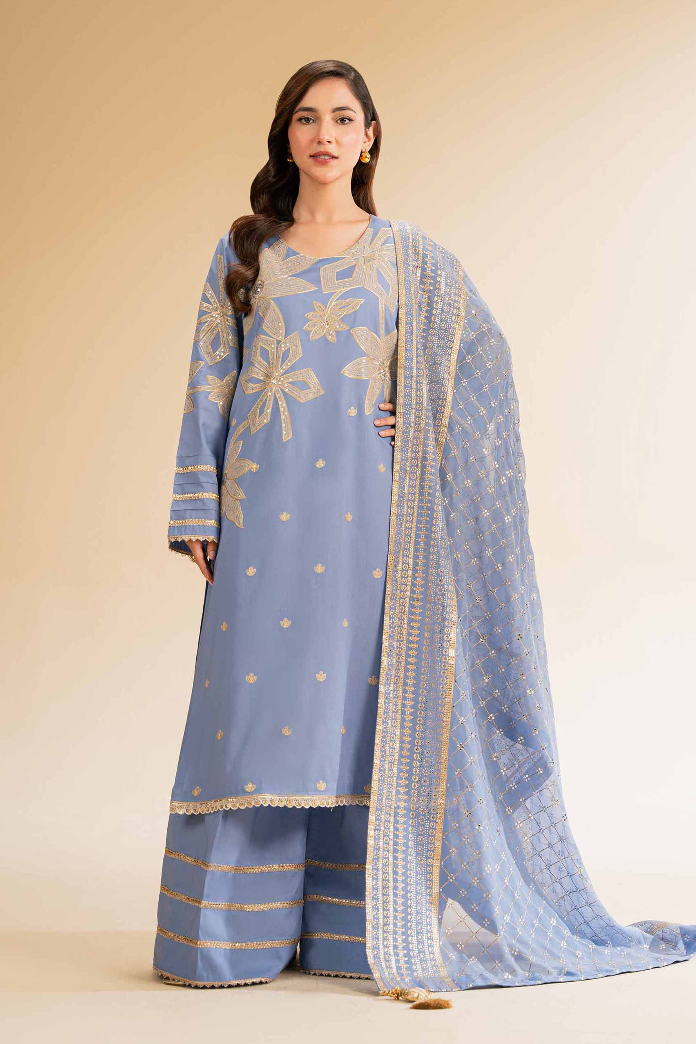 NishatUK - Blue Embroidered Cambric 3-piece unstitched Suit