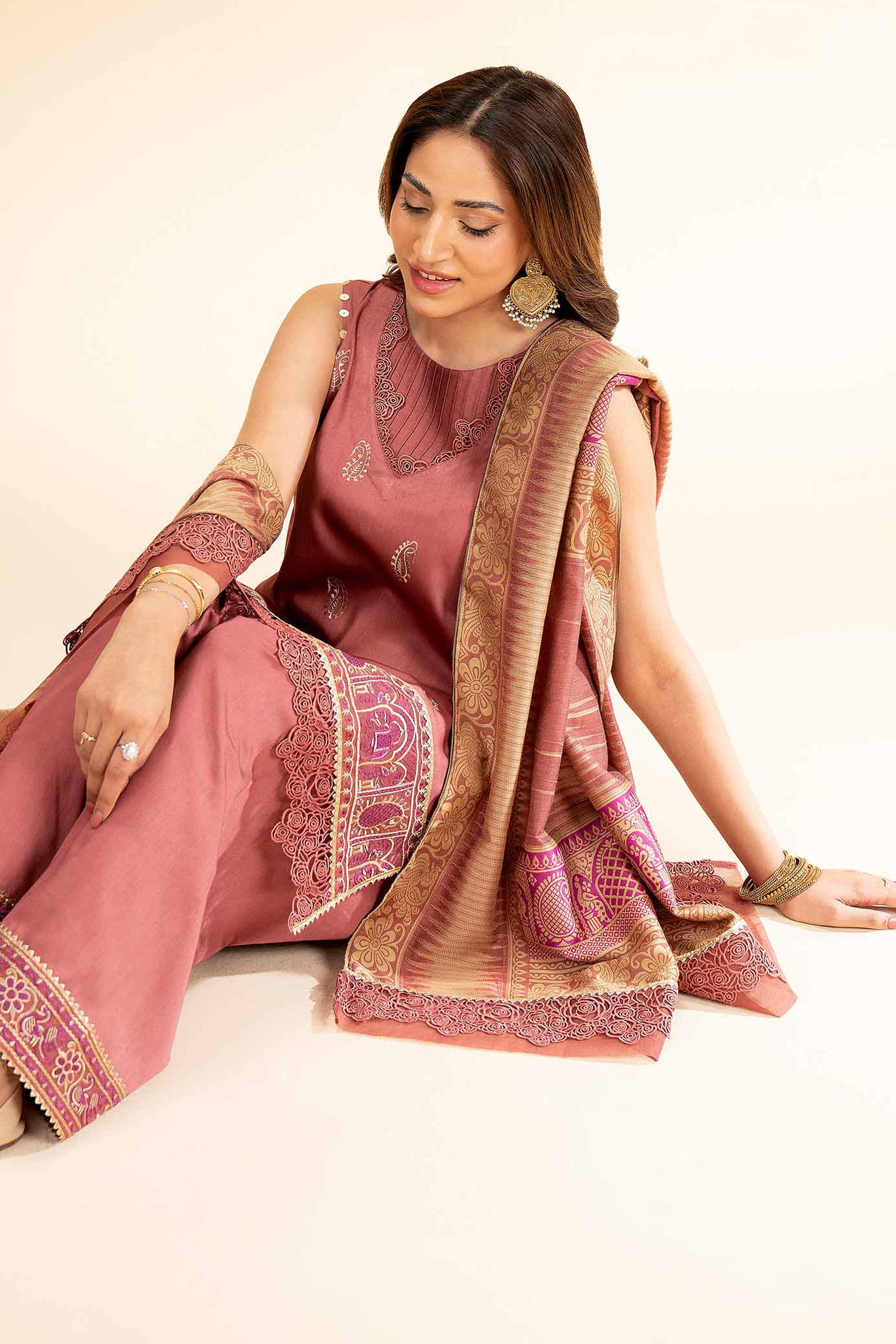 NishatUK - Marsala Embroidered Satin 3-piece unstitched Suit