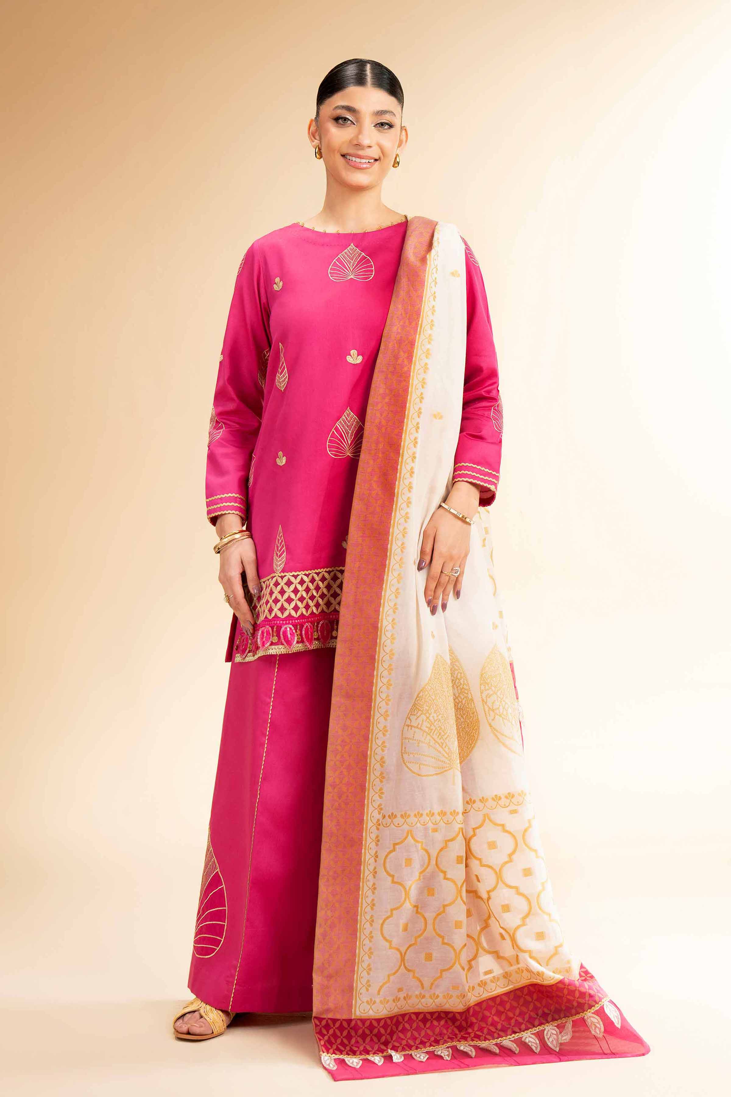 NishatUK - Beige Embroidered Satin 3-piece unstitched Suit