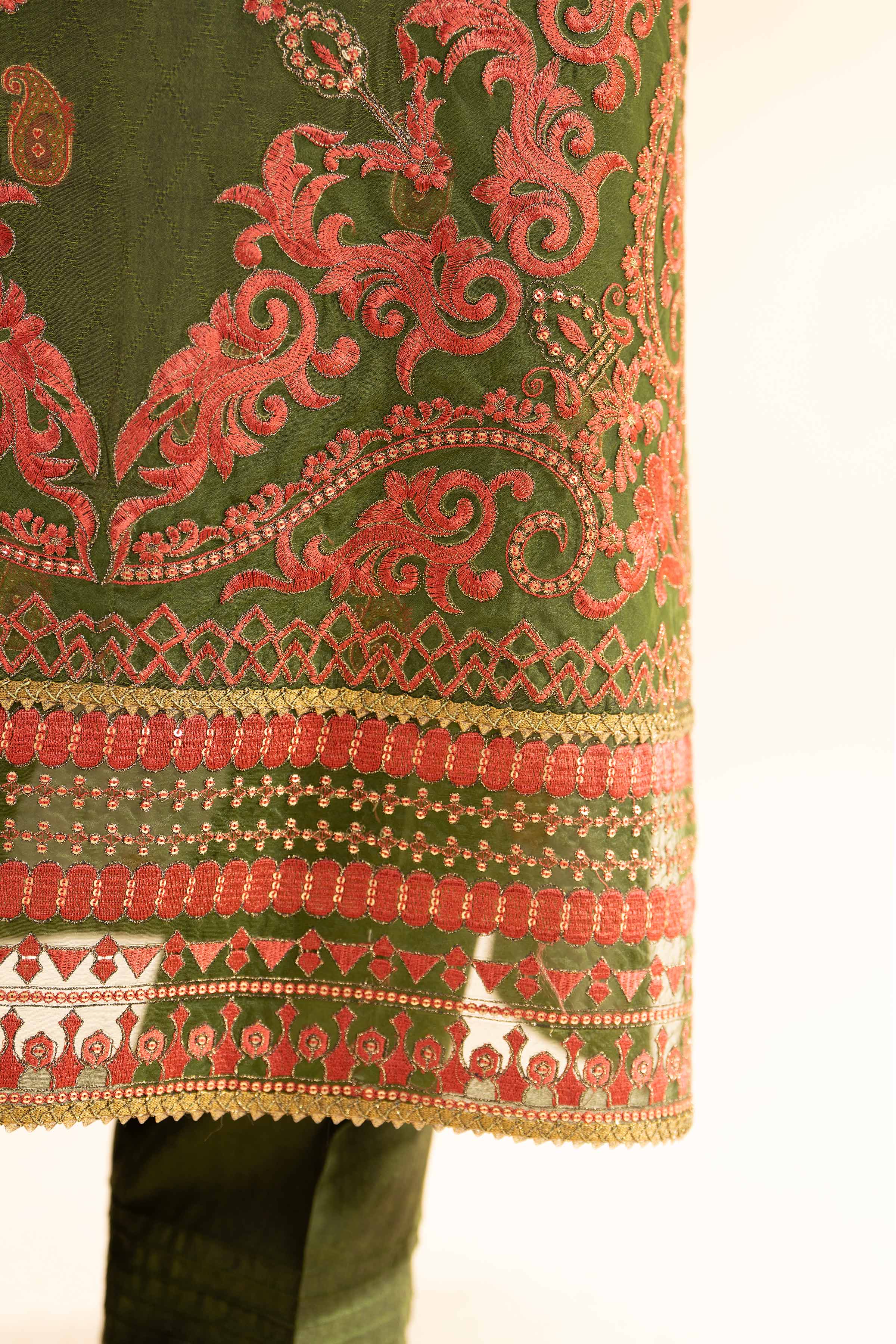 NishatUK - Green Embroidered Banarsi 3-piece unstitched Suit