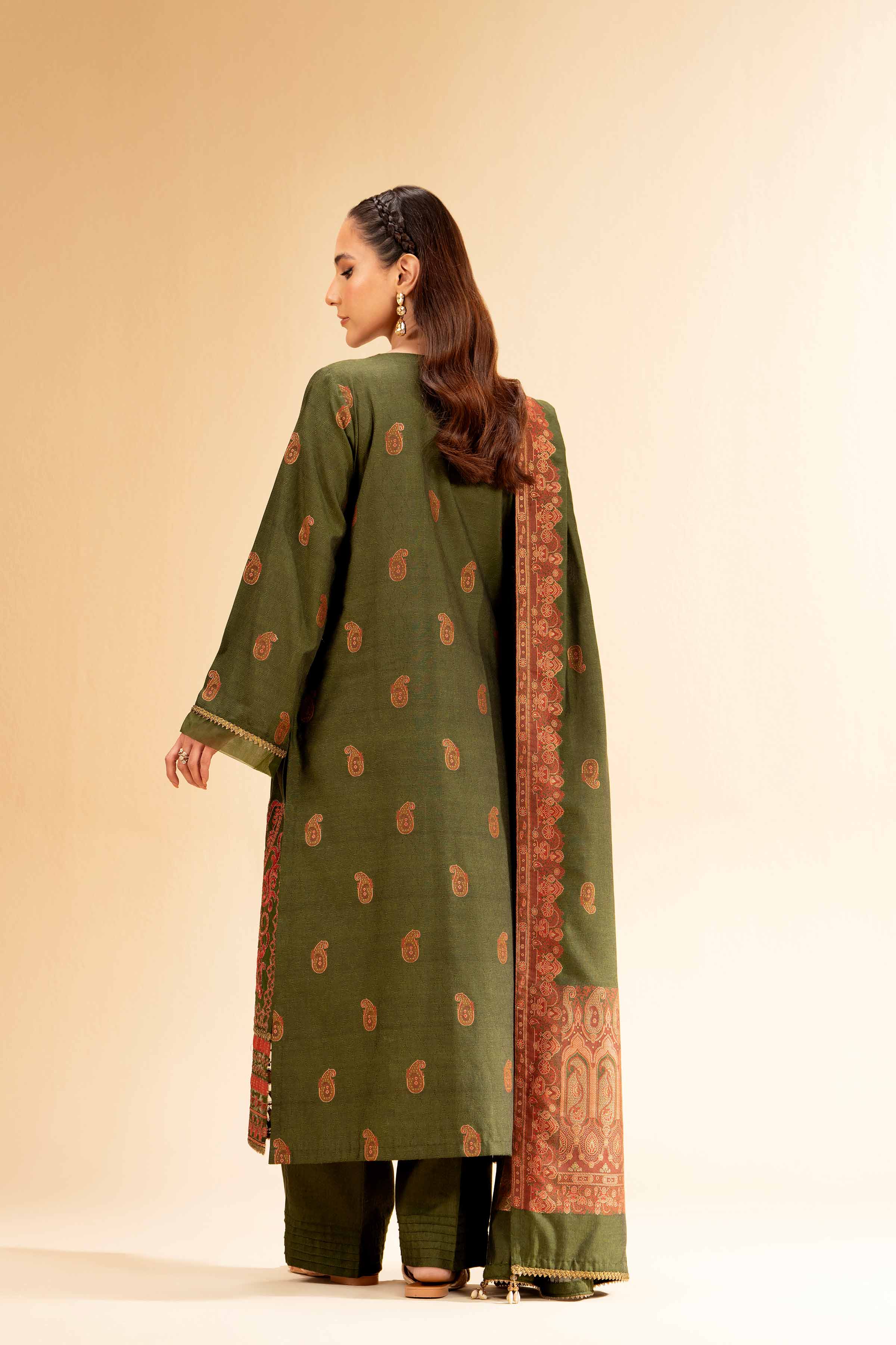NishatUK - Green Embroidered Banarsi 3-piece unstitched Suit