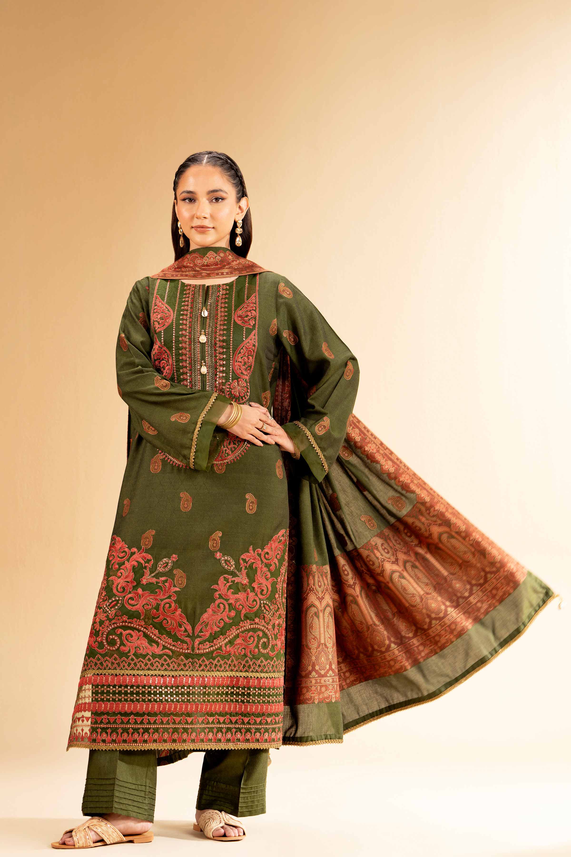 NishatUK - Green Embroidered Banarsi 3-piece unstitched Suit