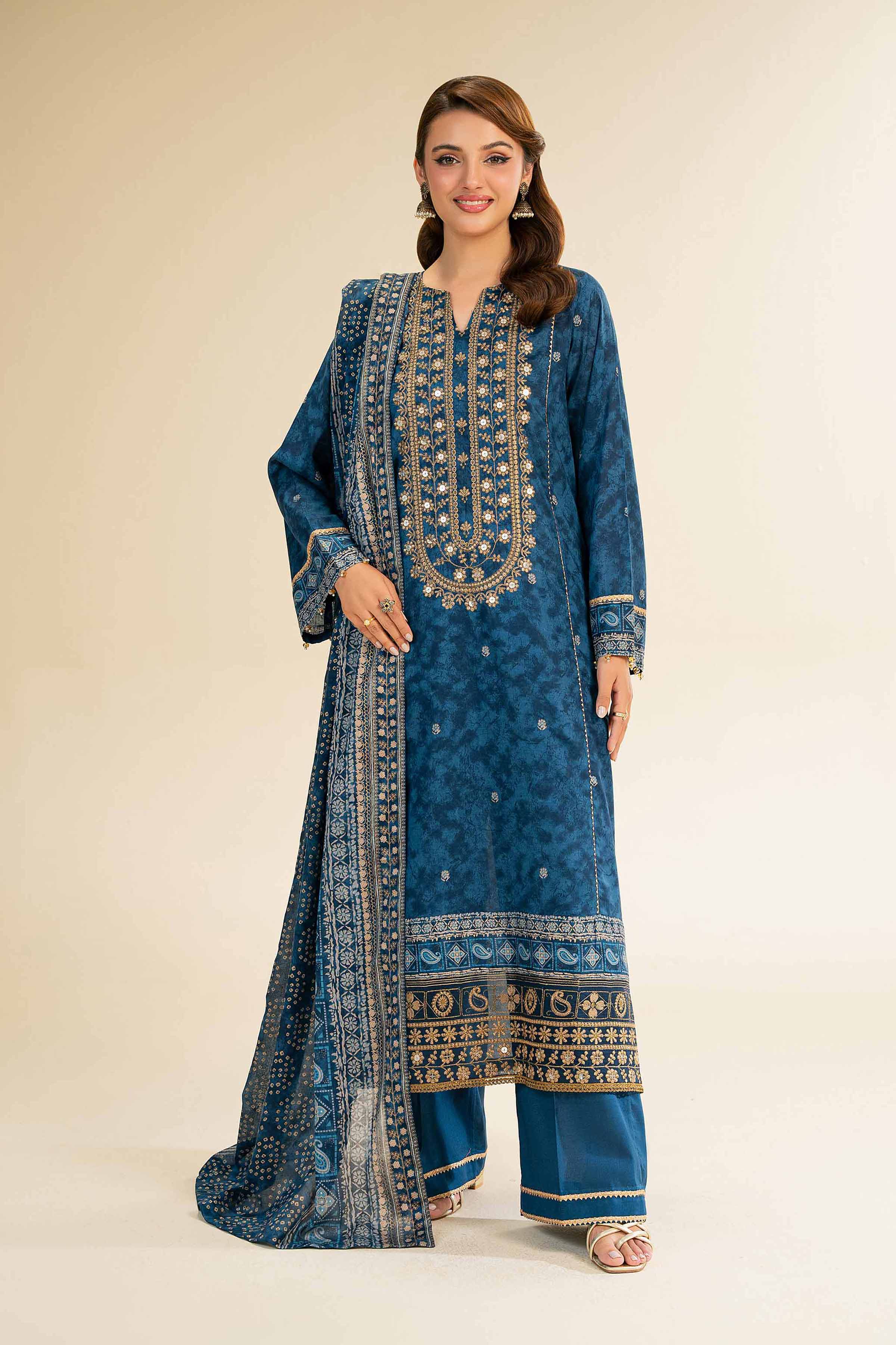 NishatUK - Blue Embroidered Lawn 3-piece unstitched Suit