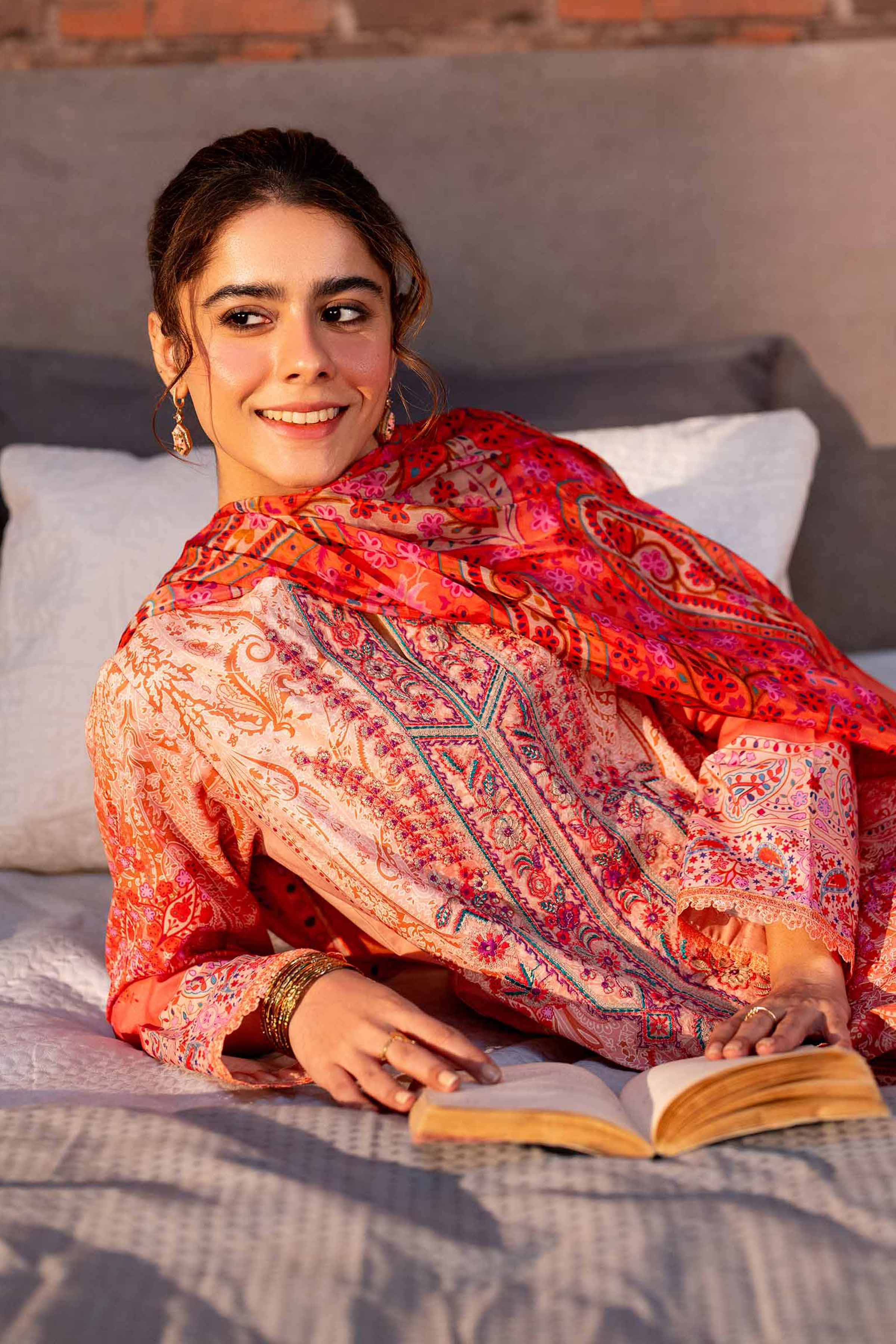 NishatUK - Orange Embroidered Lawn 3-piece unstitched Suit