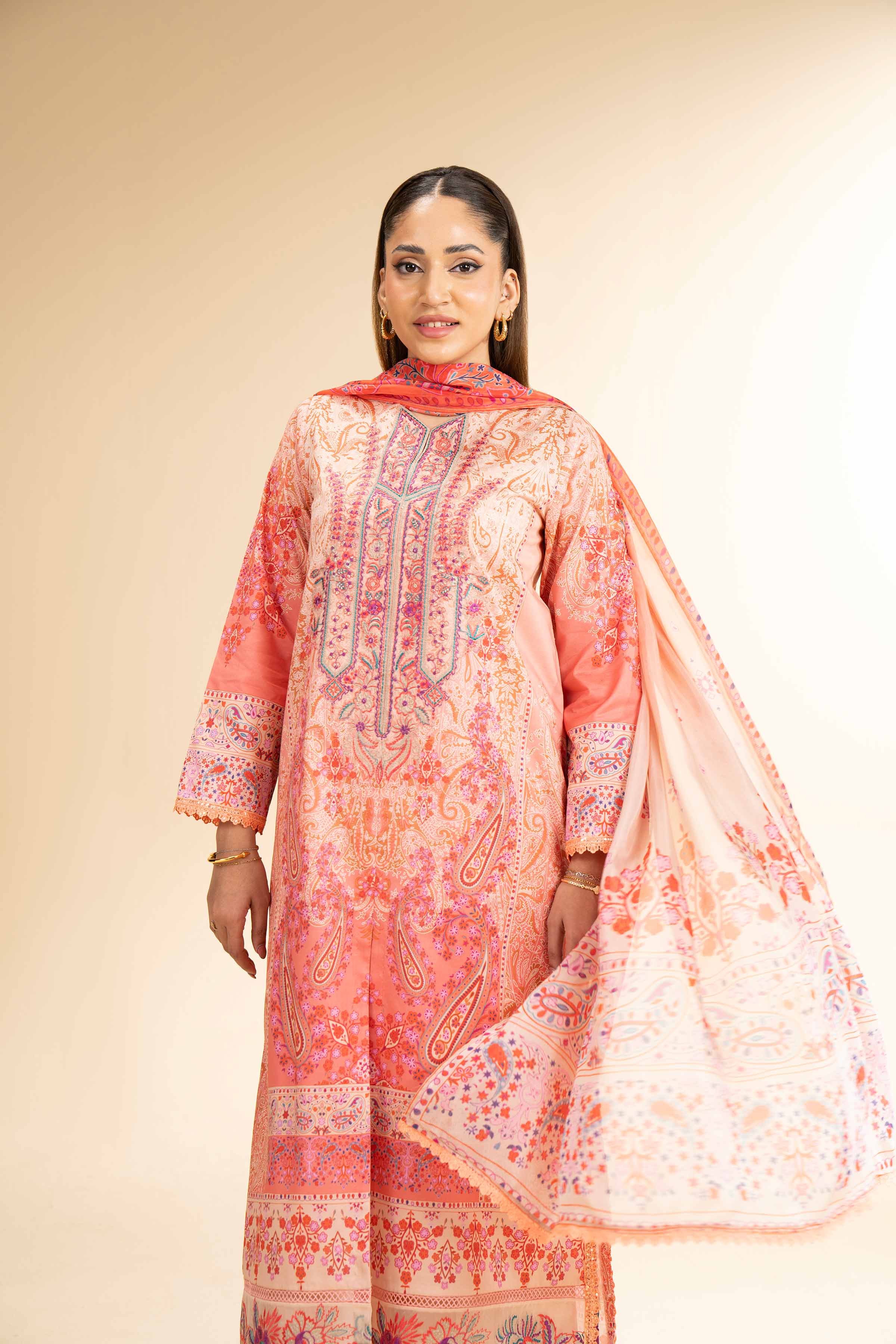 NishatUK - Orange Embroidered Lawn 3-piece unstitched Suit