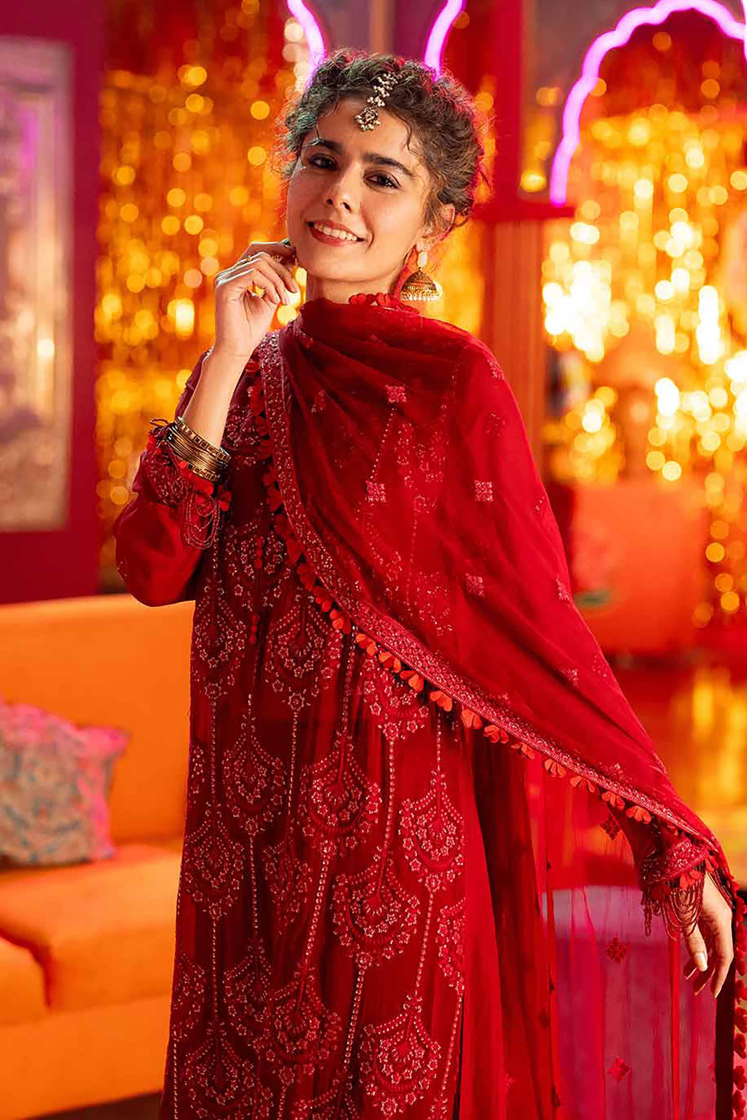 NishatUK - Red Embroidered Chicken Kari 3-piece unstitched Suit