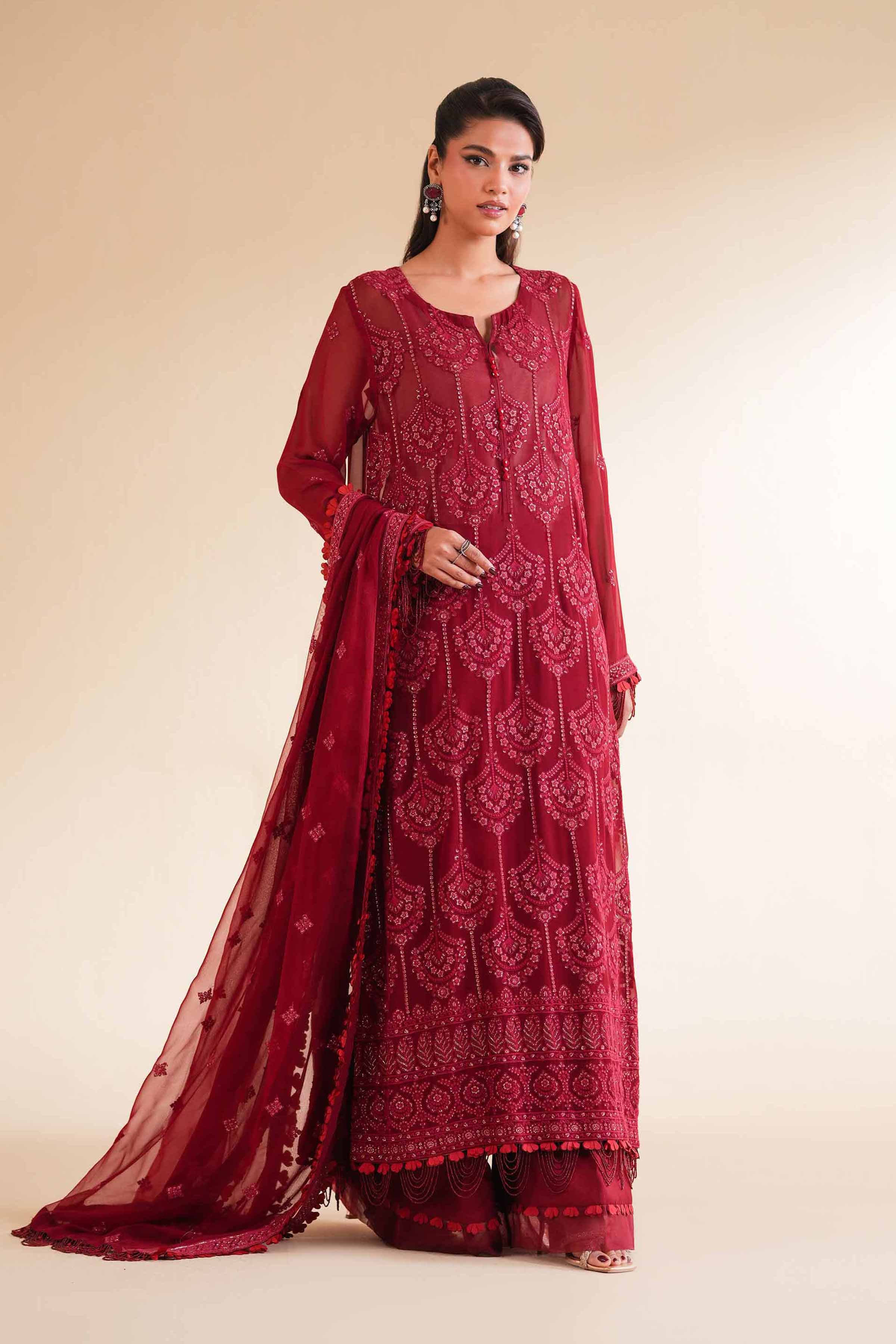 NishatUK - Red Embroidered Chicken Kari 3-piece unstitched Suit