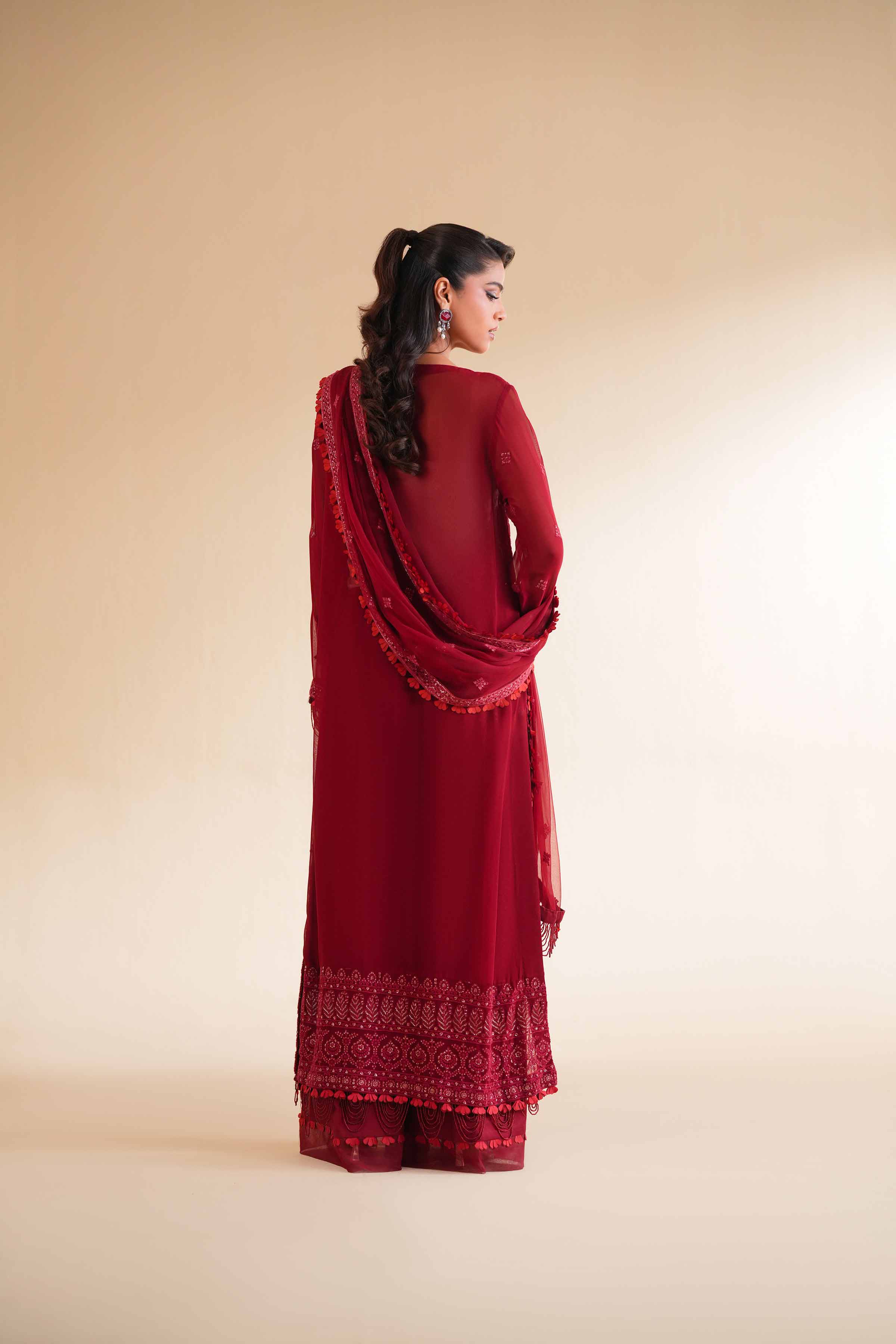 NishatUK - Red Embroidered Chicken Kari 3-piece unstitched Suit