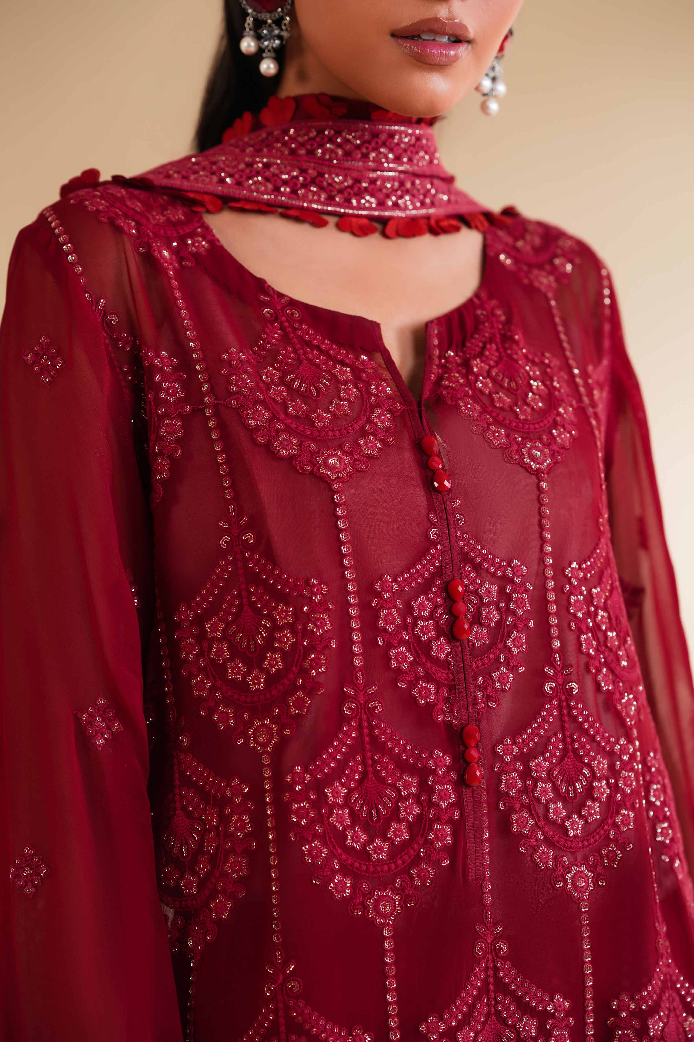 NishatUK - Red Embroidered Chicken Kari 3-piece unstitched Suit
