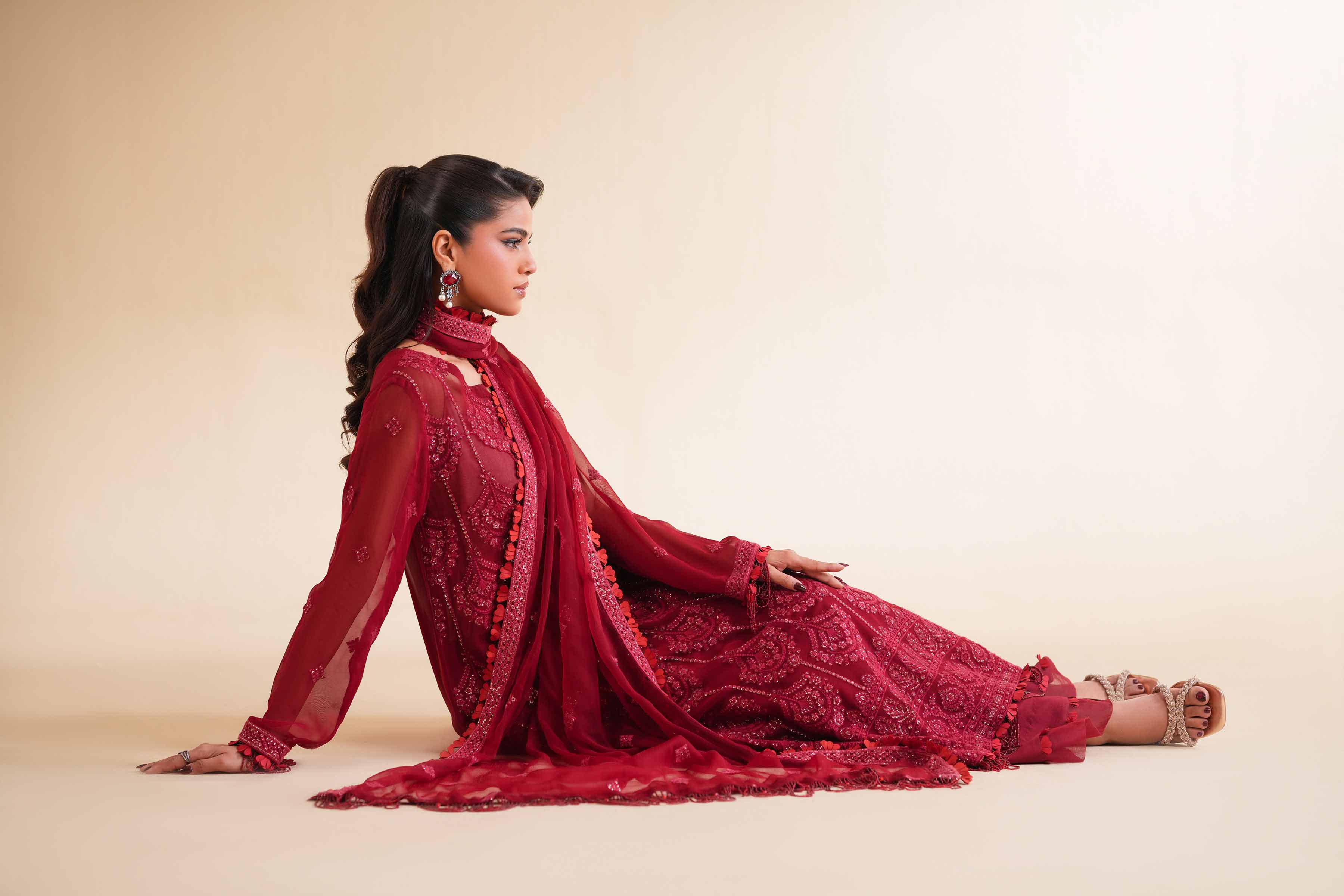 NishatUK - Red Embroidered Chicken Kari 3-piece unstitched Suit