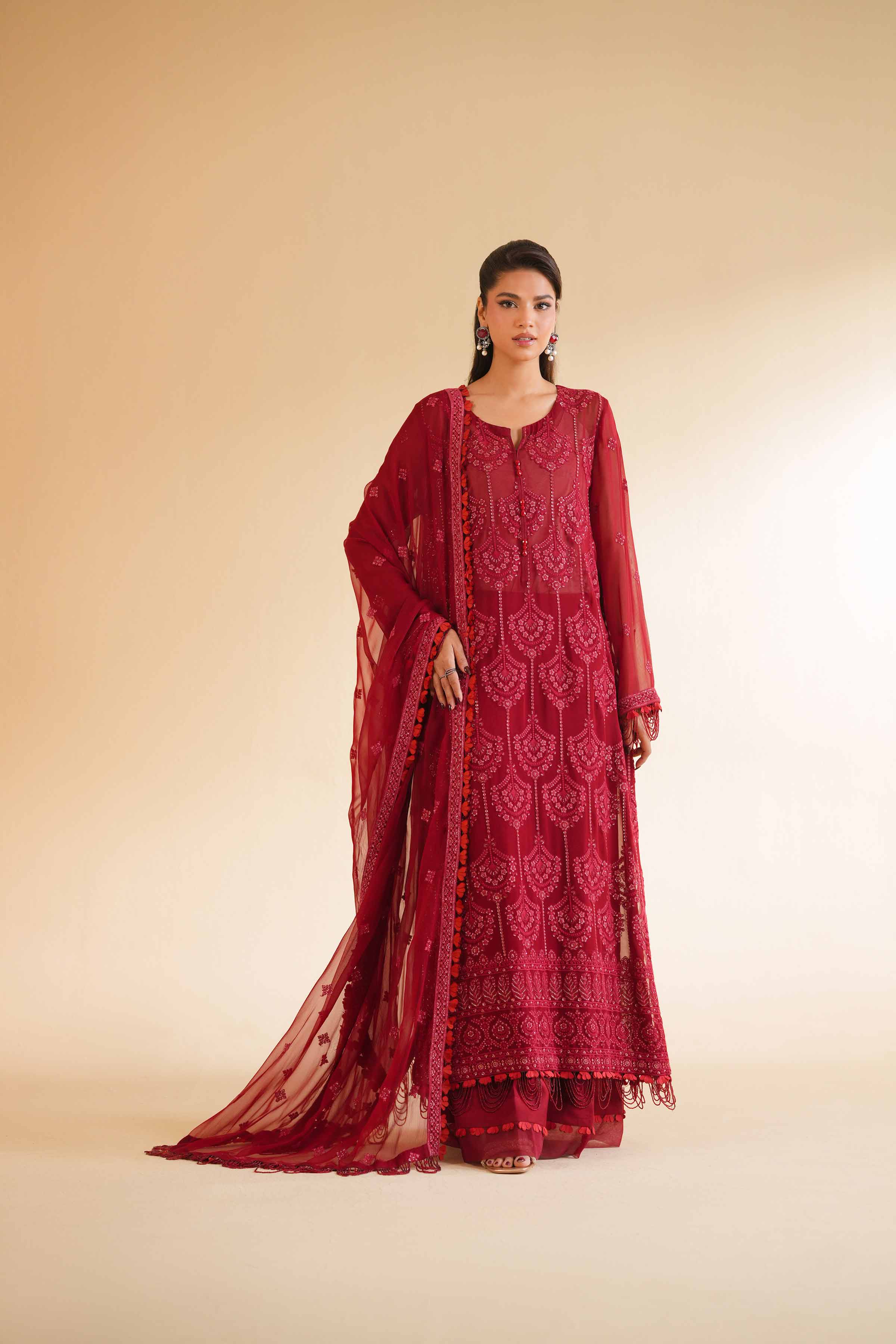 NishatUK - Red Embroidered Chicken Kari 3-piece unstitched Suit