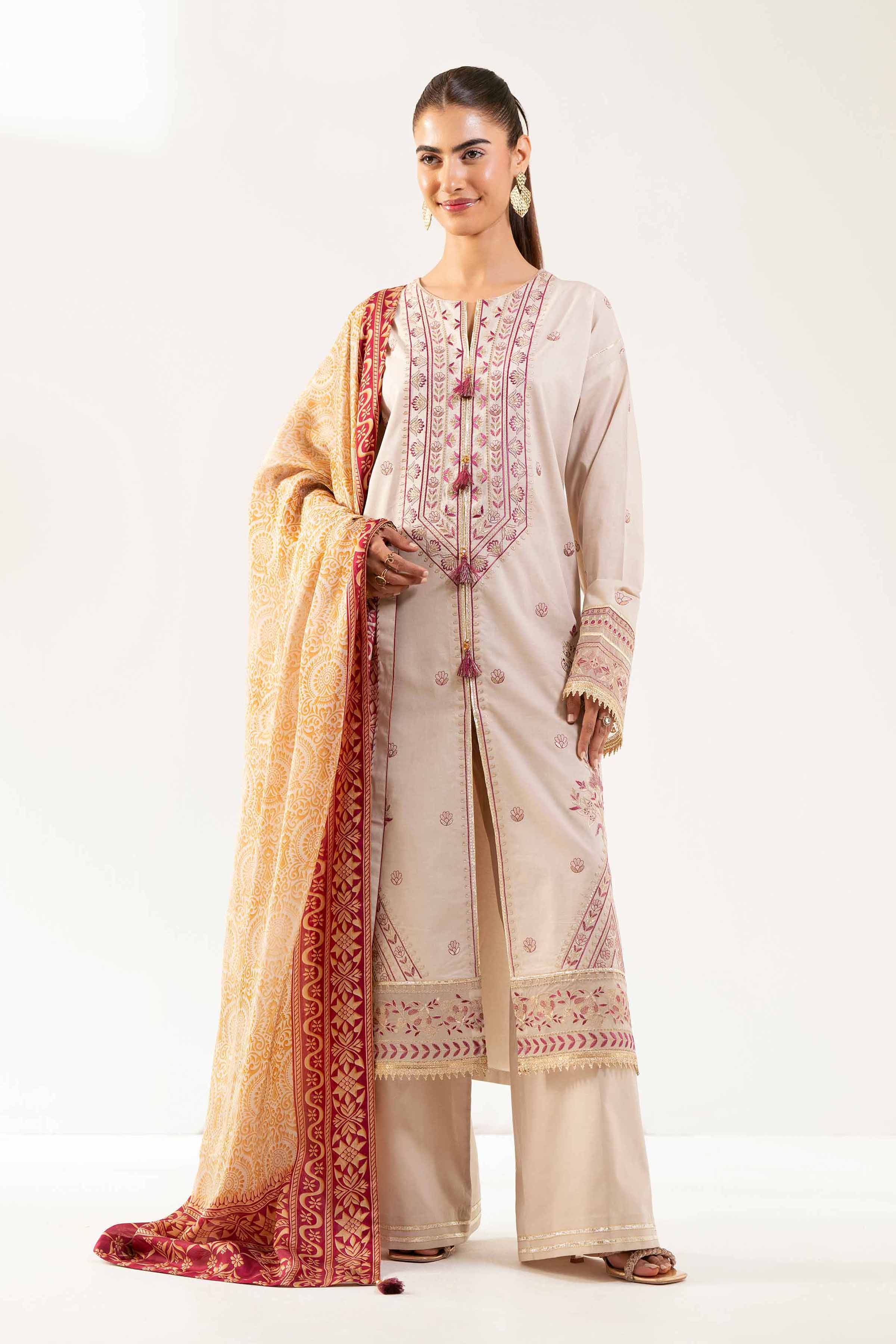 Nishat UK - Beige Embroidered Cambric 3 Pieces unstitched suit
