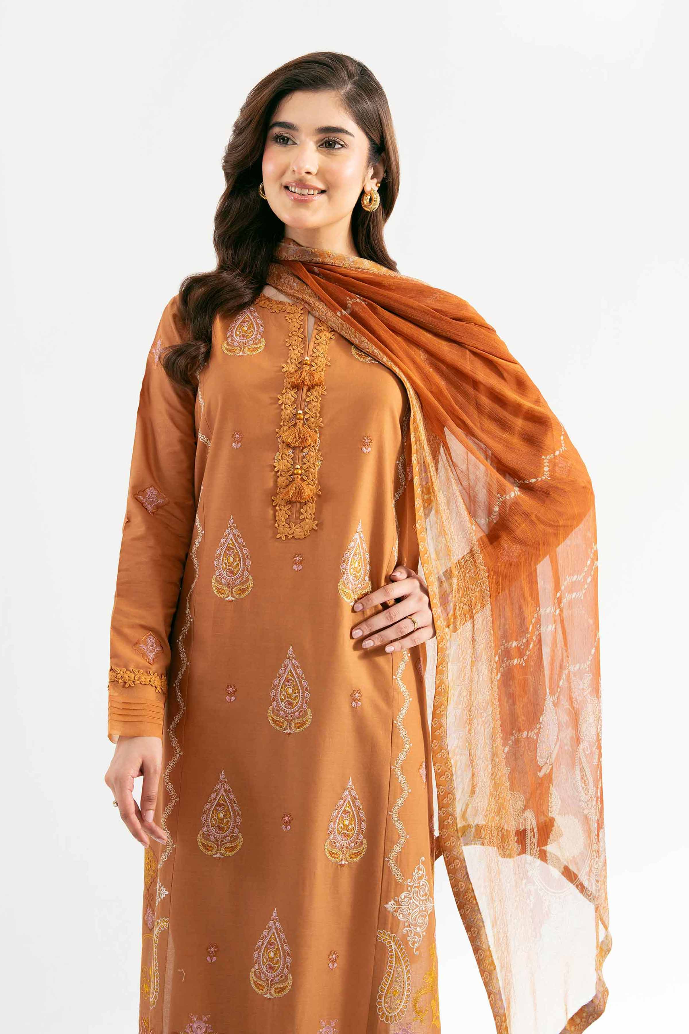 Nishat UK - Golden Brown Embroidered Cambric 3 Pieces unstitched suit