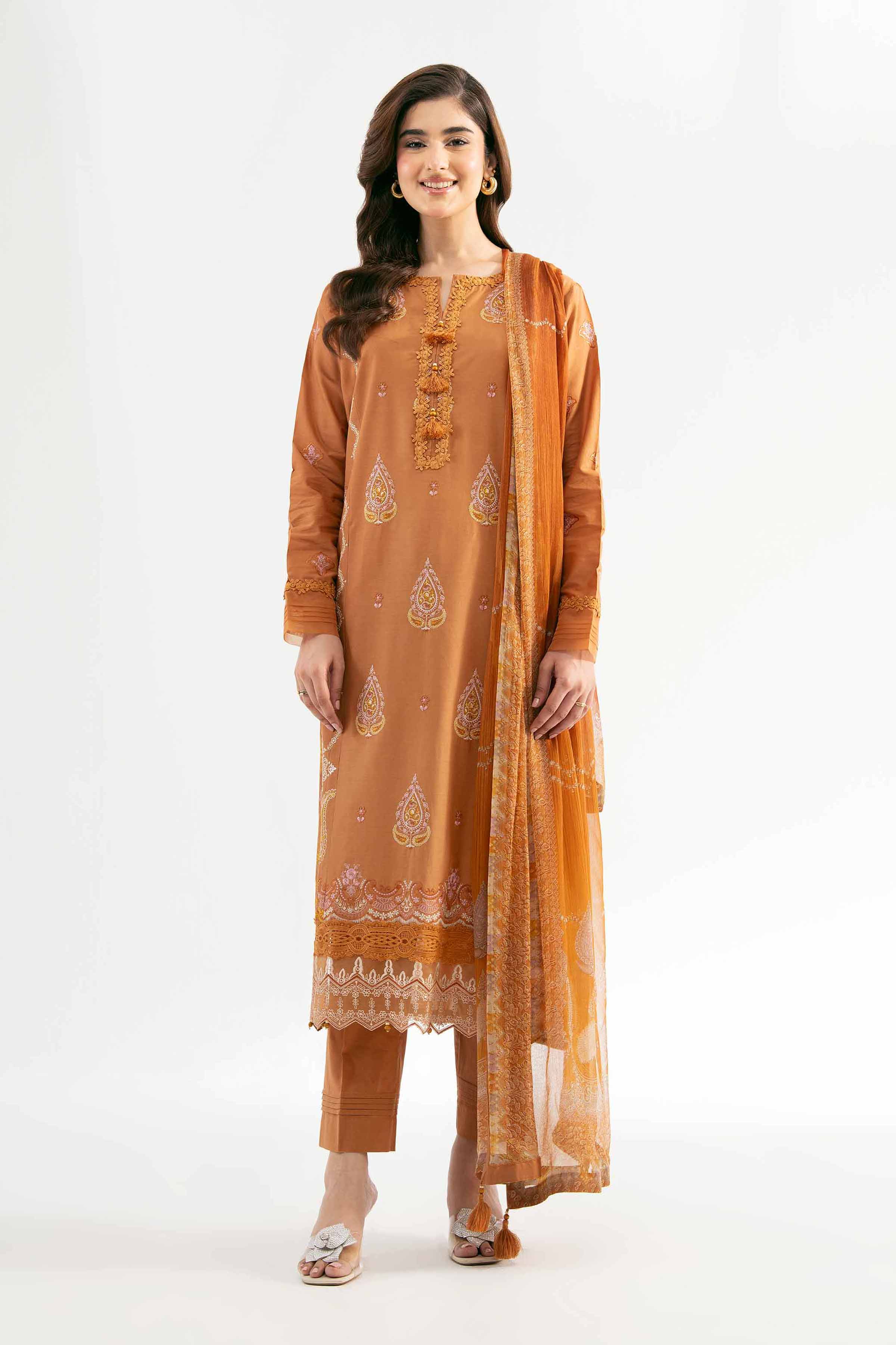 Nishat UK - Golden Brown Embroidered Cambric 3 Pieces unstitched suit