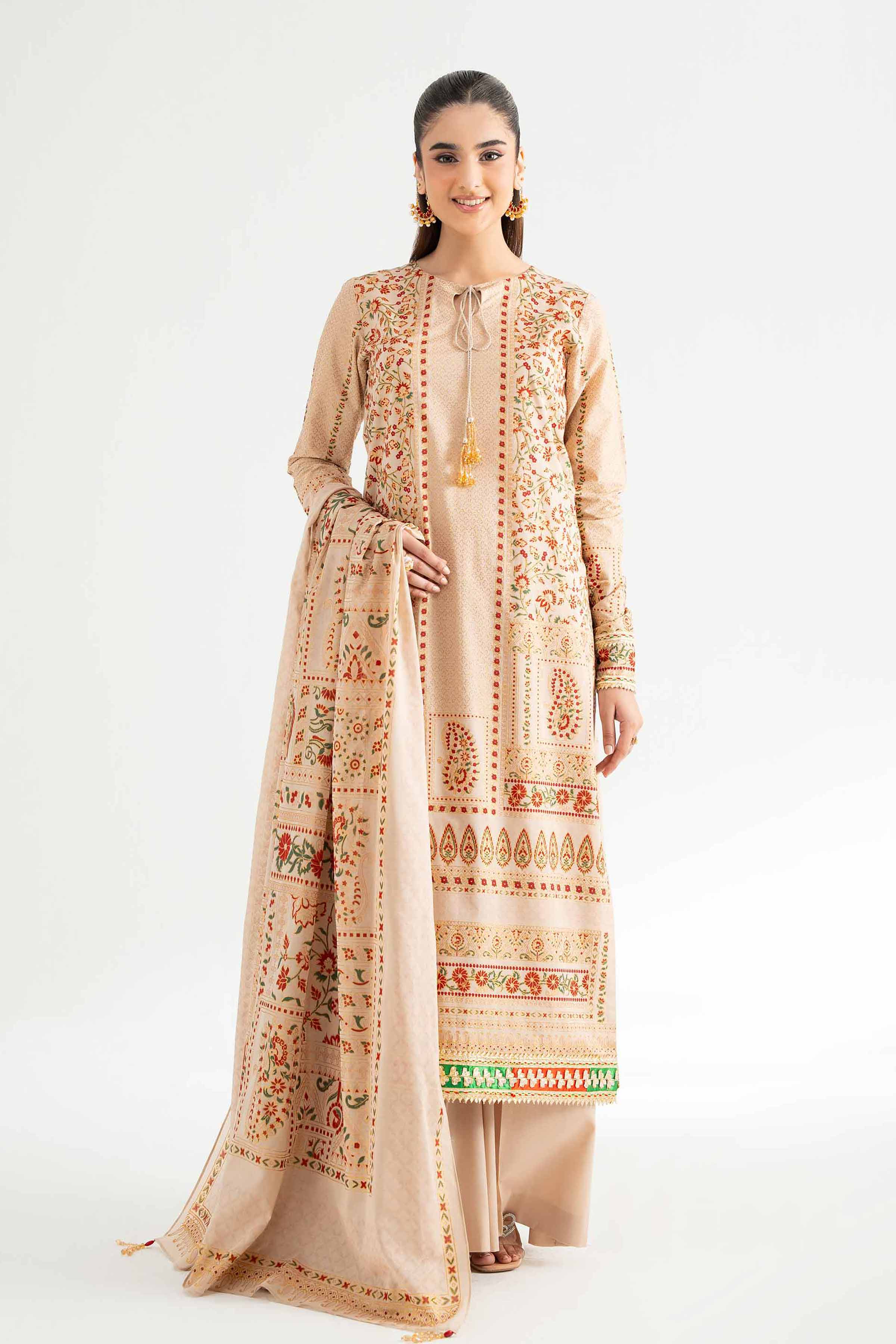 Nishat UK - Beige Printed Lawn 3 Pieces unstitched suit