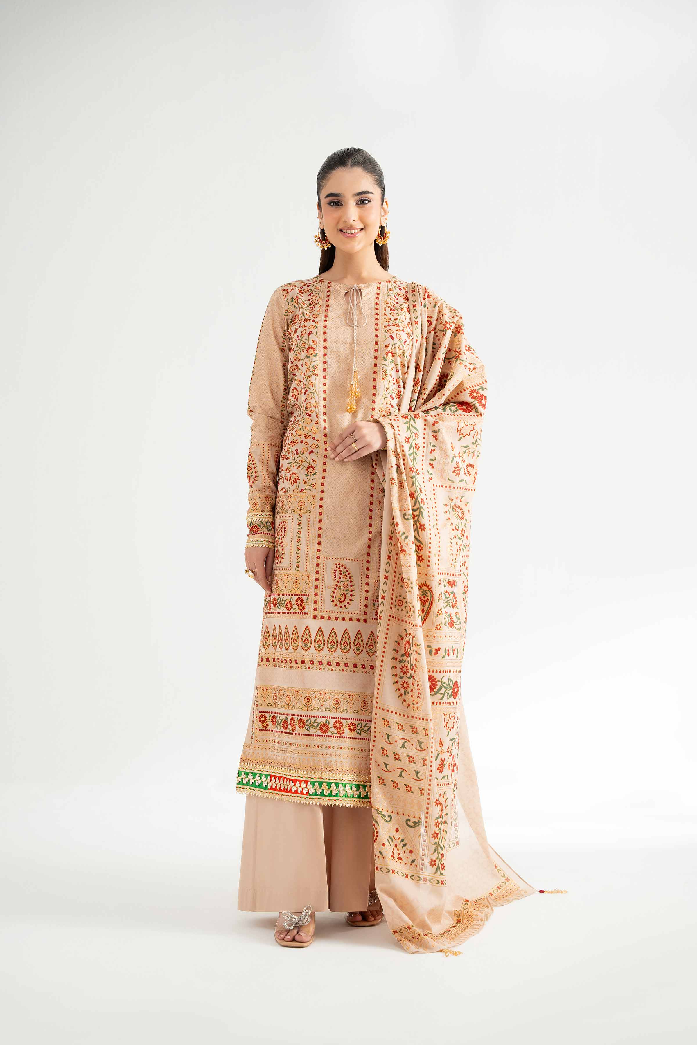 Nishat UK - Beige Printed Lawn 3 Pieces unstitched suit