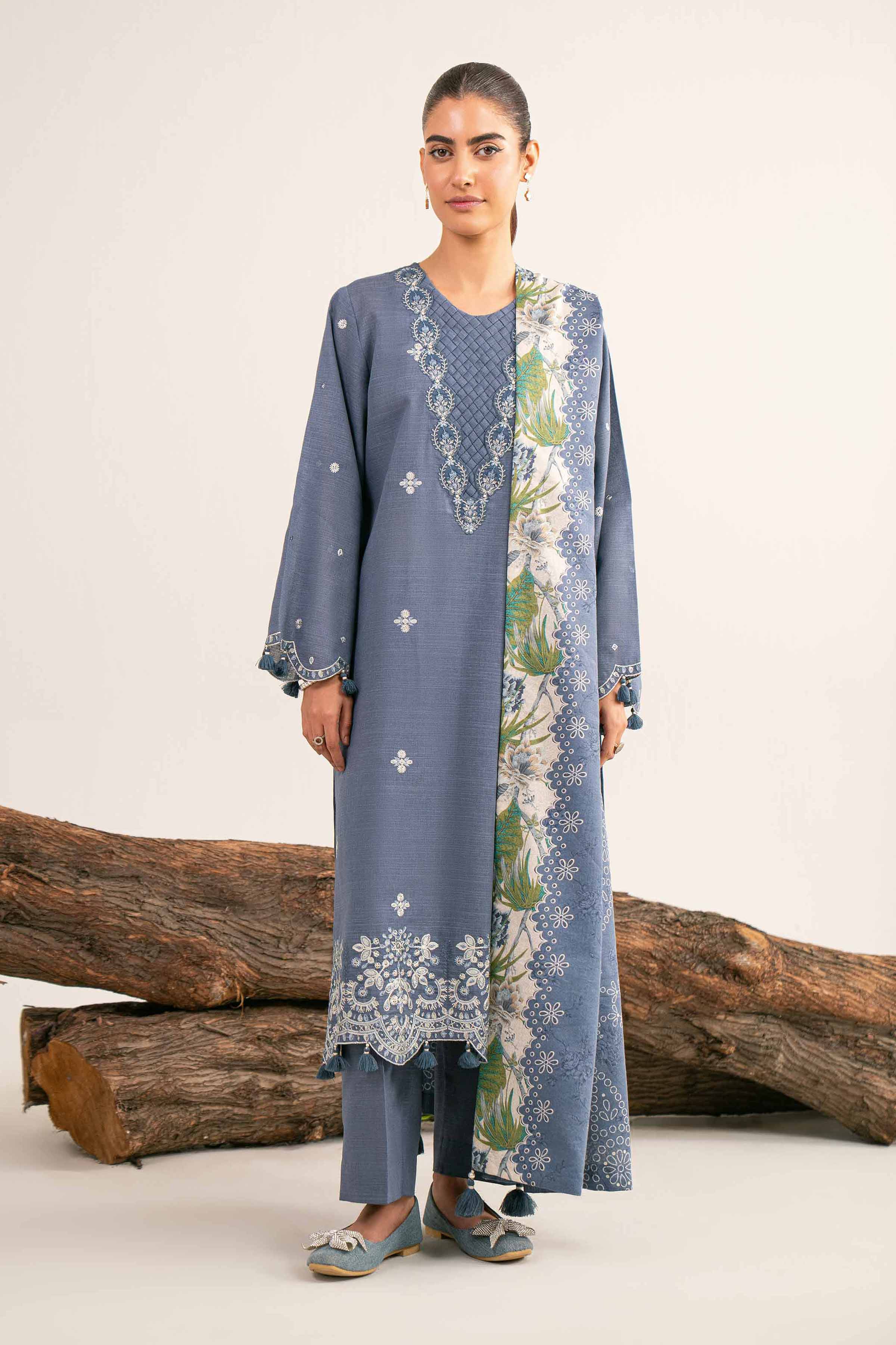 Nishat UK - Blue Embroidered Khaddar 3 Pieces unstitched suit