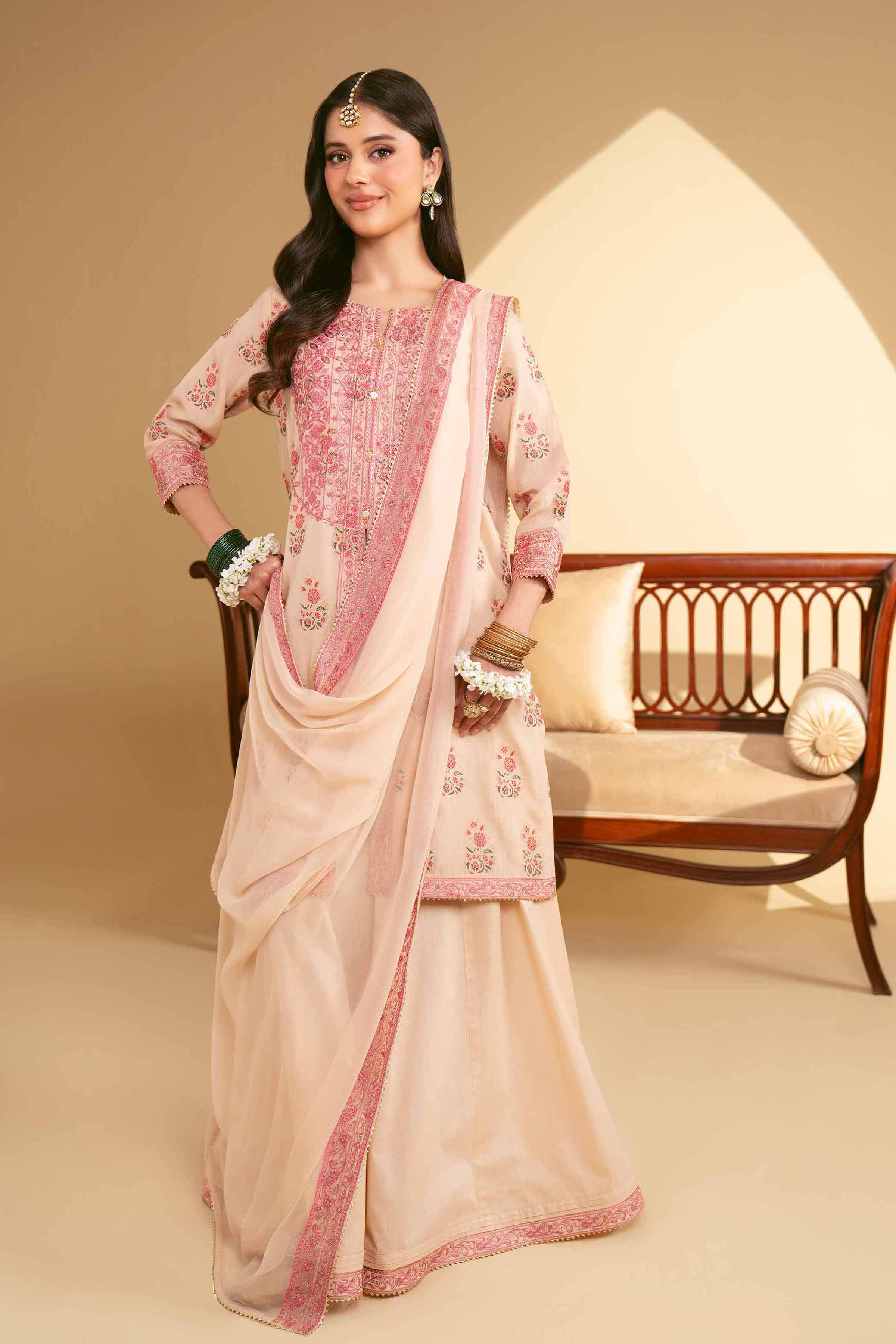 NishatUK - Peach Embroidered Jacquard 3-piece unstitched Suit