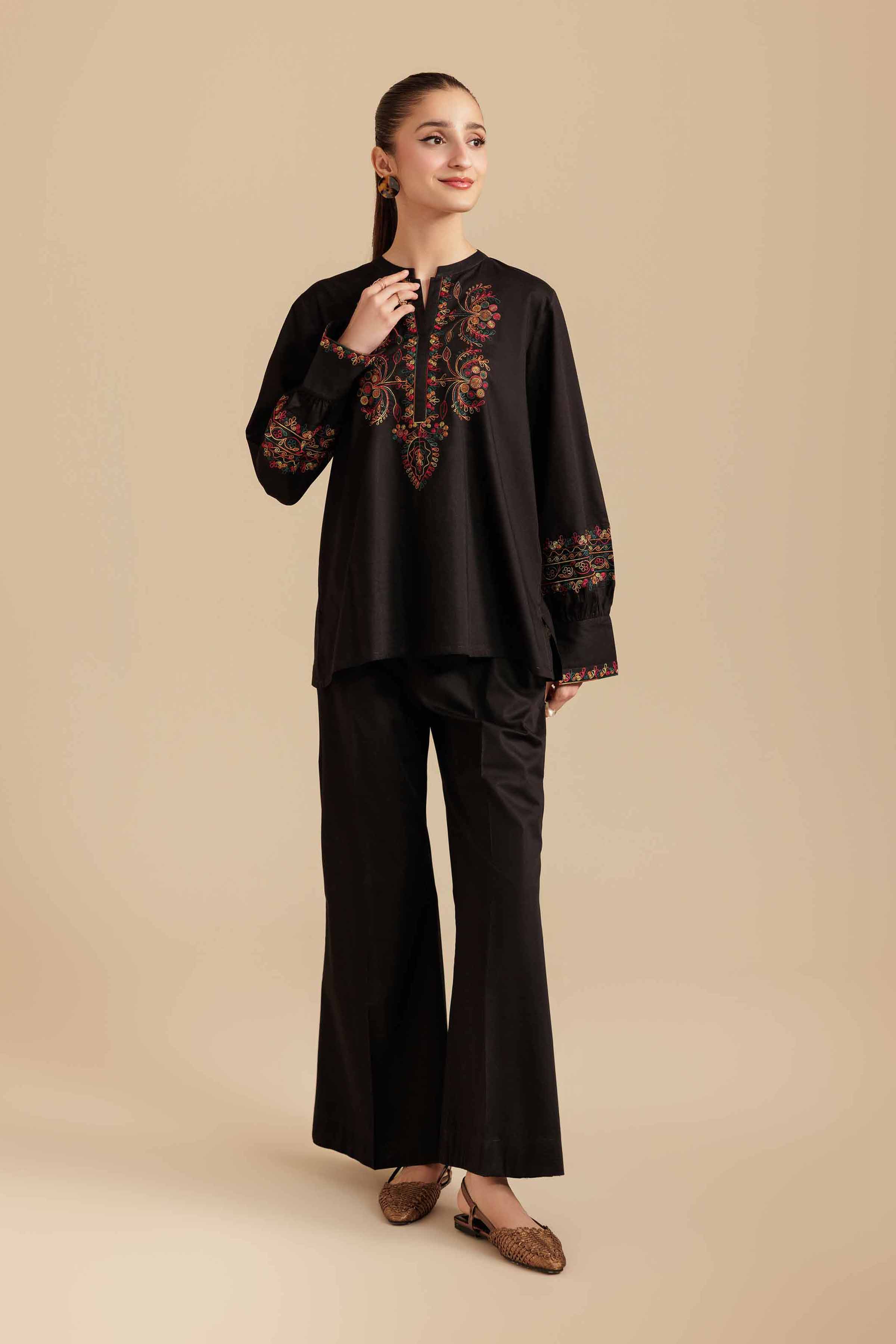 NishatUK - Black Embroidered Cambric 2-piece ready to wear Dress