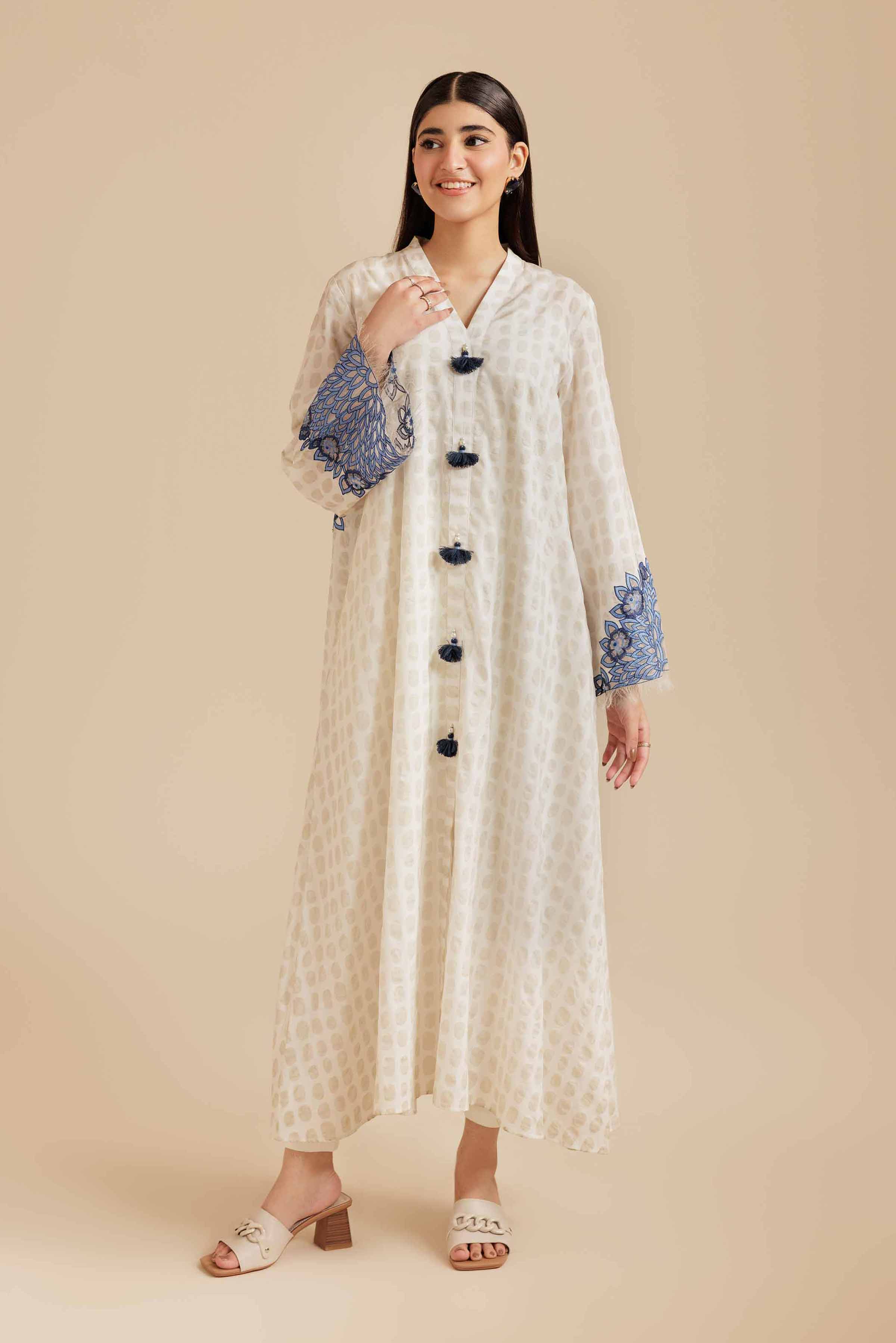 NishatUK - White Embroidered Burnout 1-piece ready to wear Long Dress