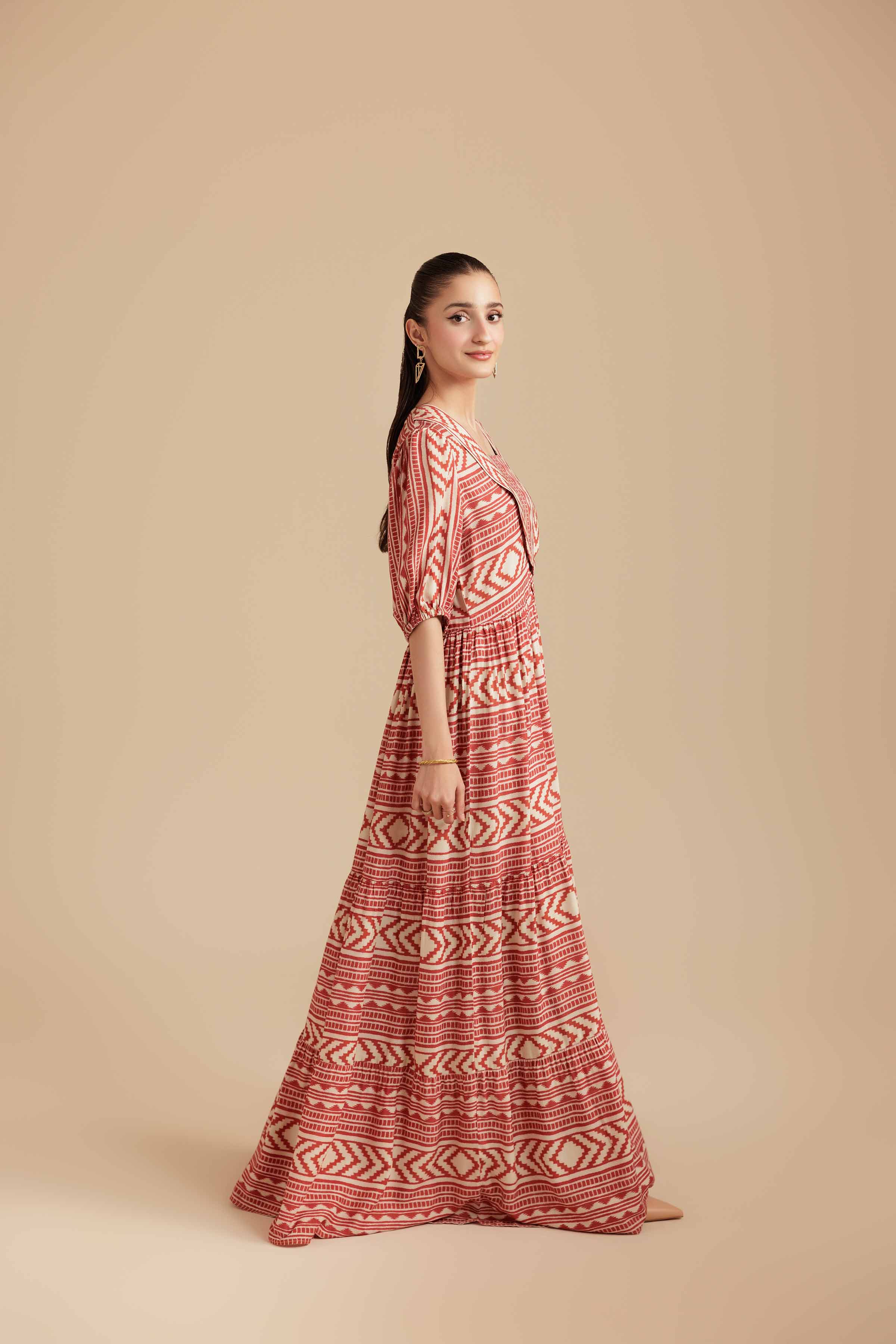 NishatUK - Beige Printed Lawn 1-piece ready to wear Long Dress
