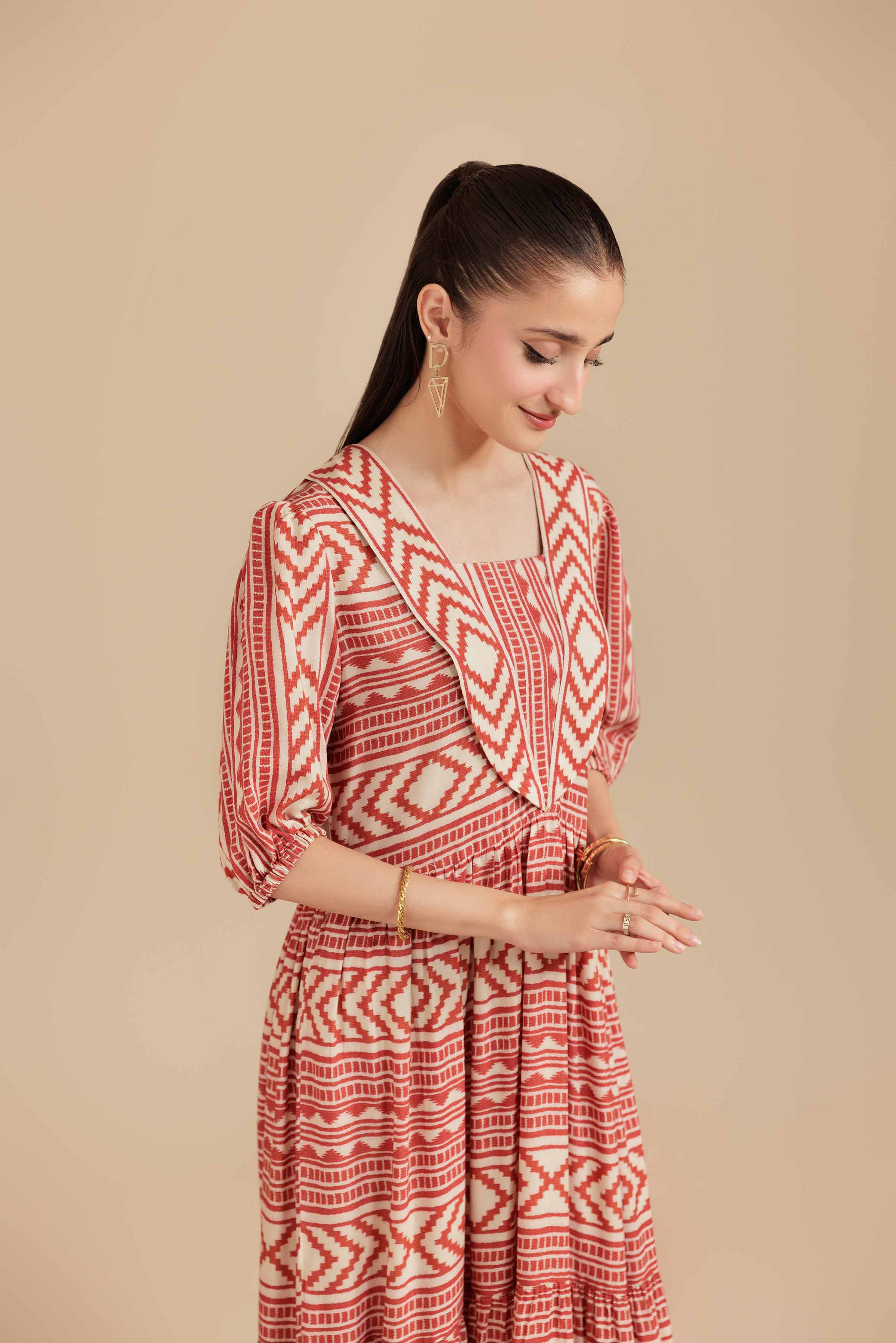 NishatUK - Beige Printed Lawn 1-piece ready to wear Long Dress
