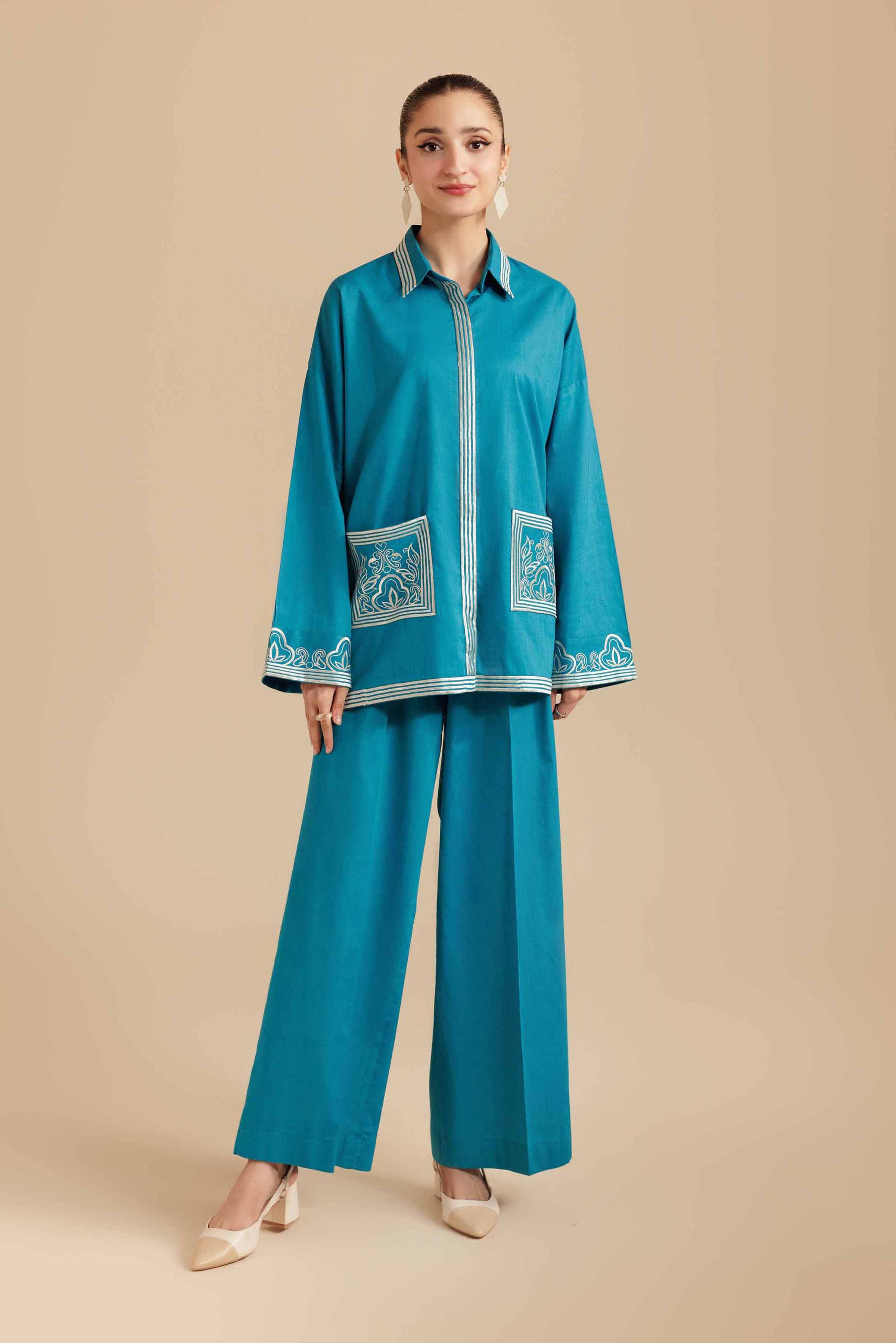 NishatUK - Teal Embroidered Cambric 2-piece ready to wear Dress