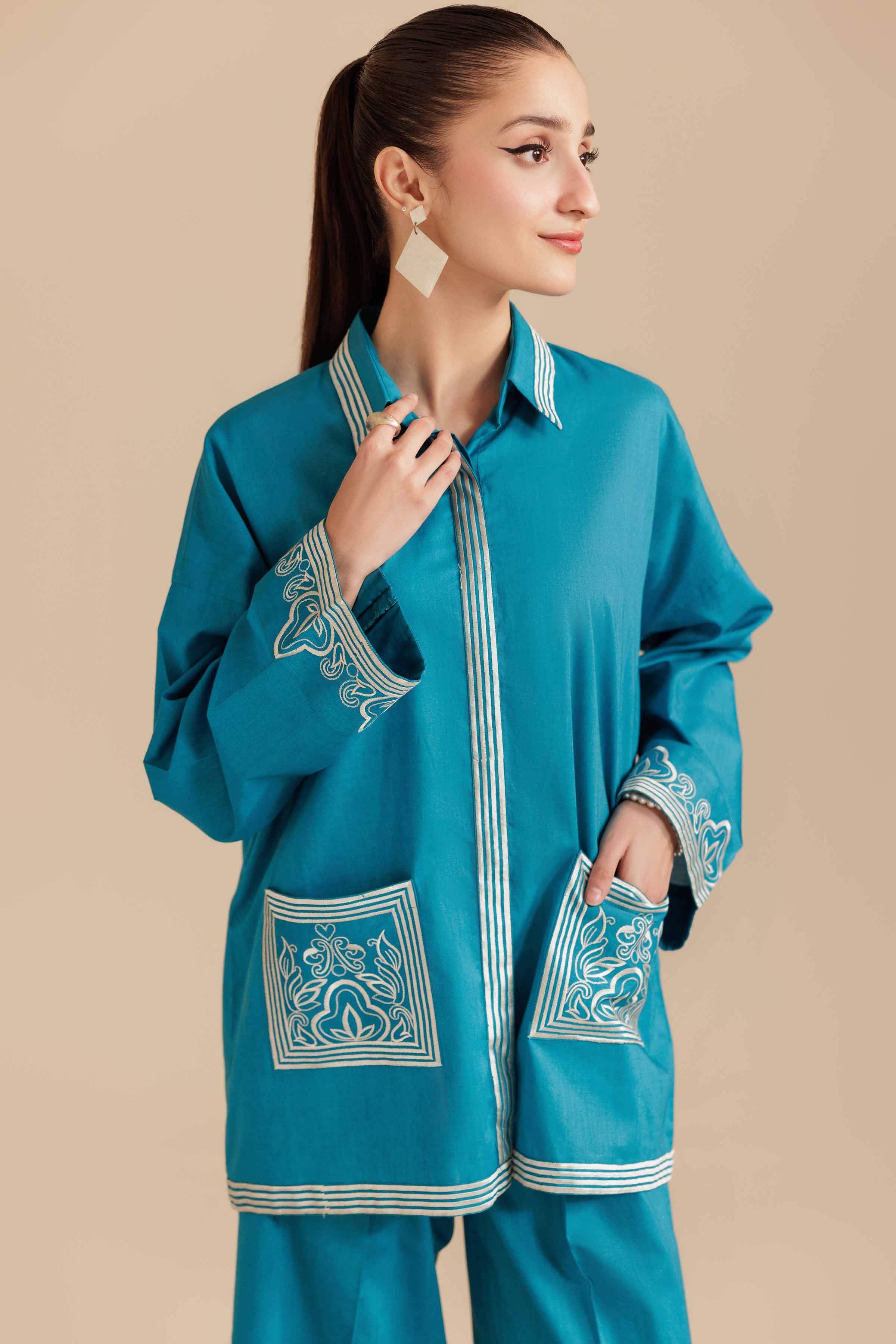 NishatUK - Teal Embroidered Cambric 2-piece ready to wear Dress