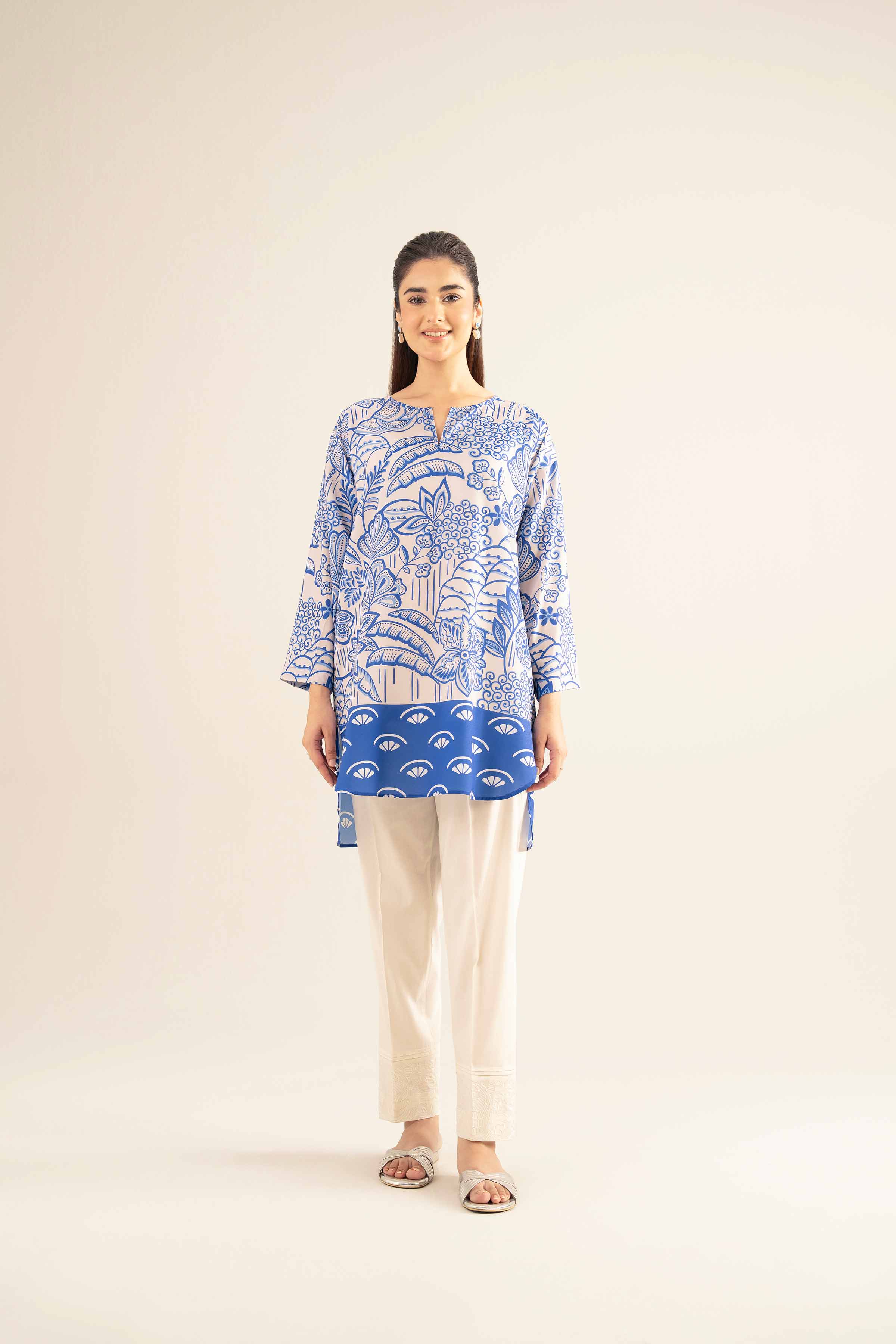 NishatUK - Blue Printed Silk 1-piece ready to wear Tunic