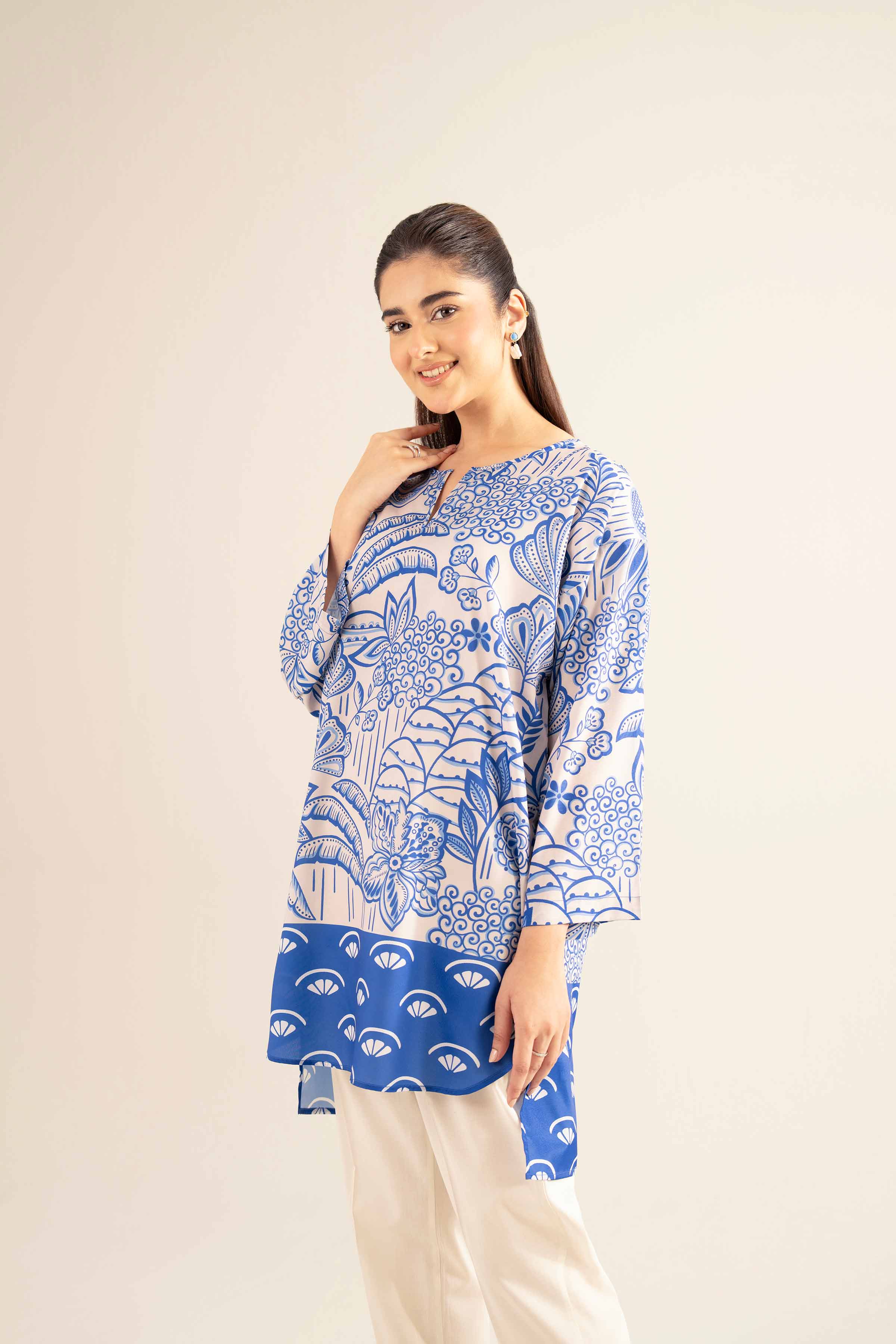 NishatUK - Blue Printed Silk 1-piece ready to wear Tunic