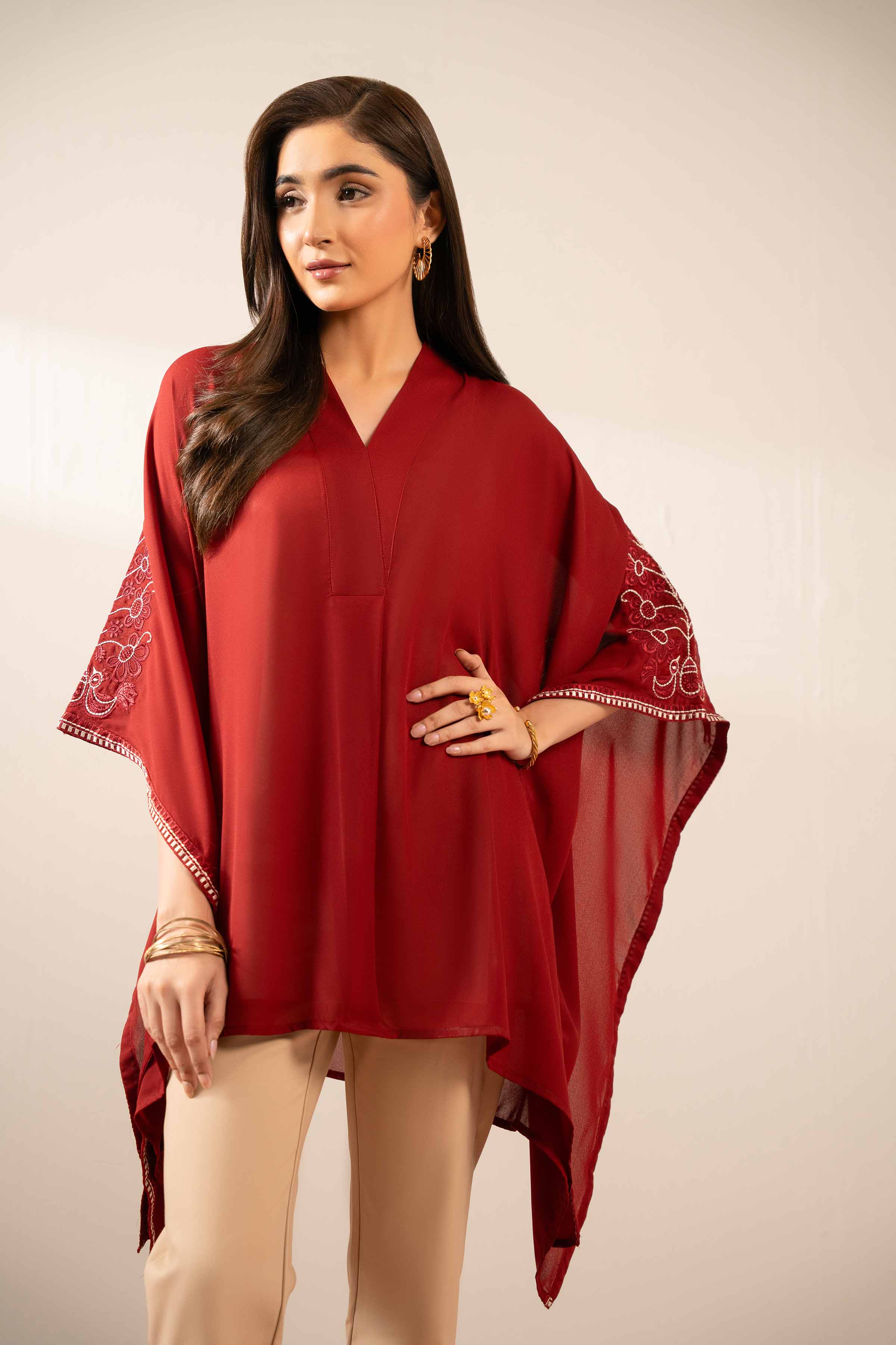 NishatUK - Maroon Embroidered Georgette 1-piece ready to wear Kaftan