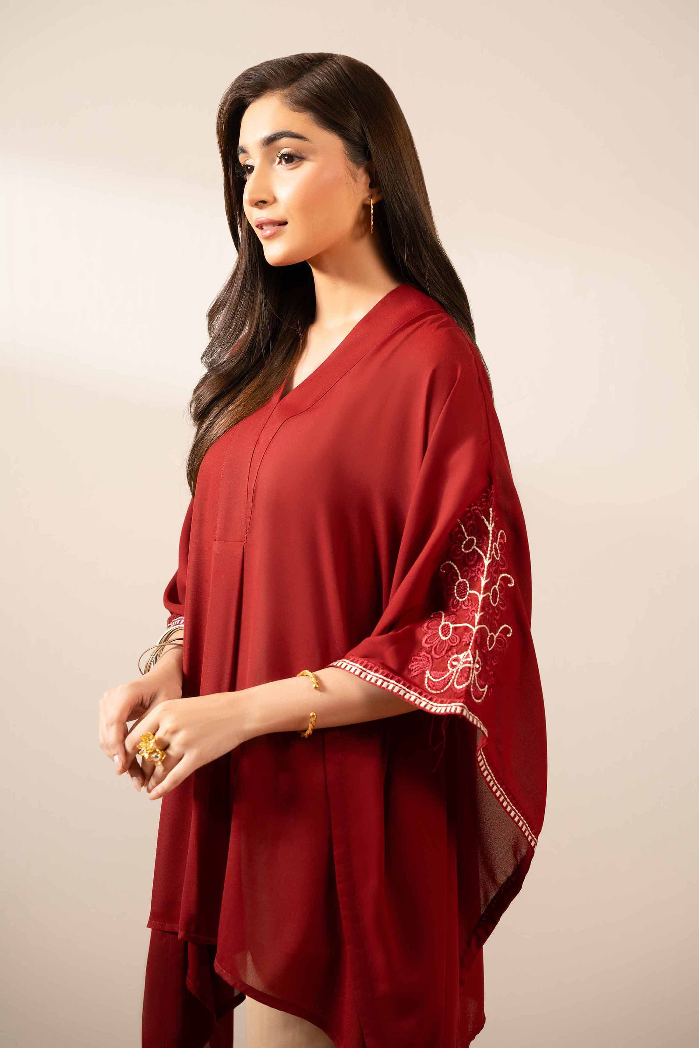 NishatUK - Maroon Embroidered Georgette 1-piece ready to wear Kaftan
