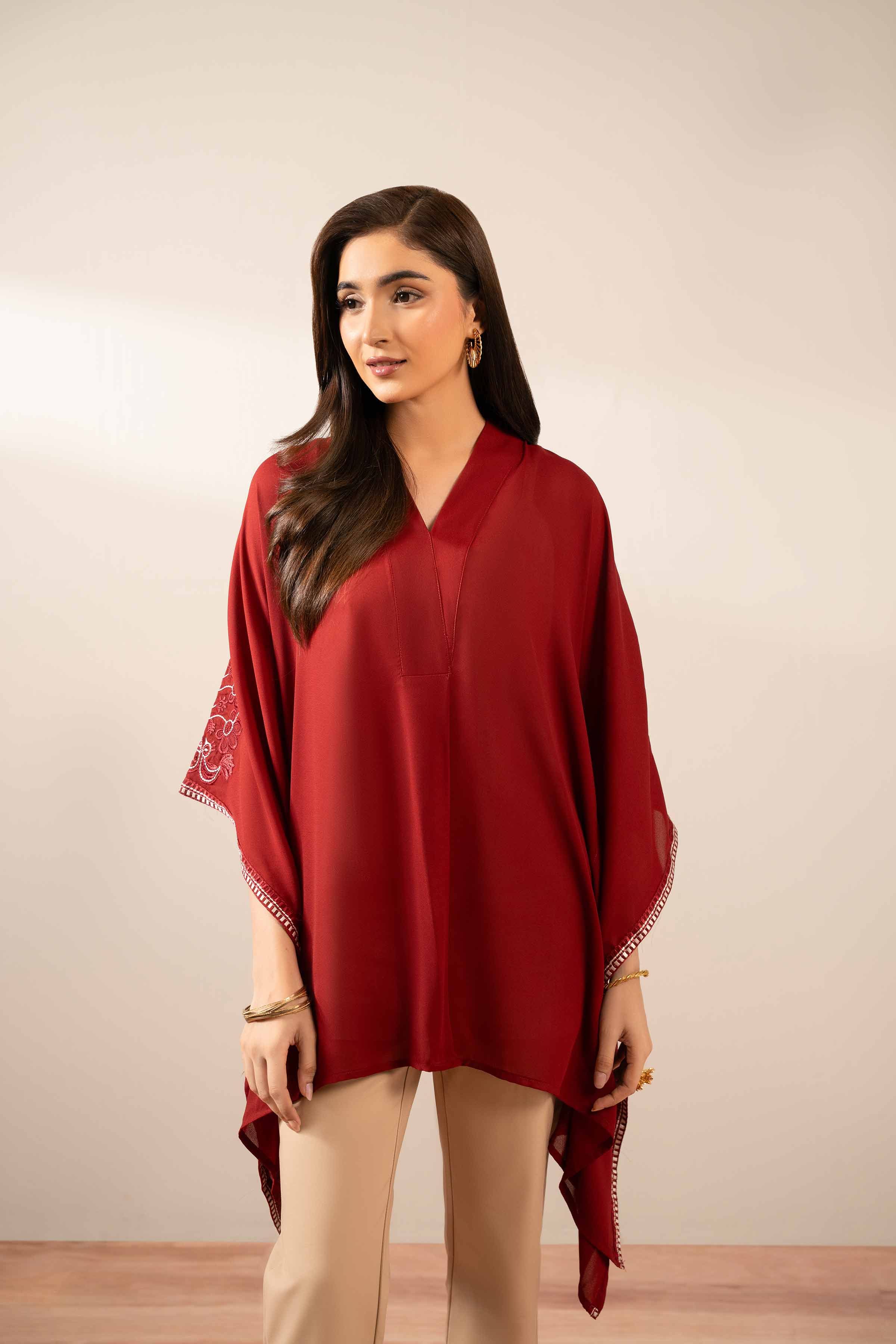 NishatUK - Maroon Embroidered Georgette 1-piece ready to wear Kaftan
