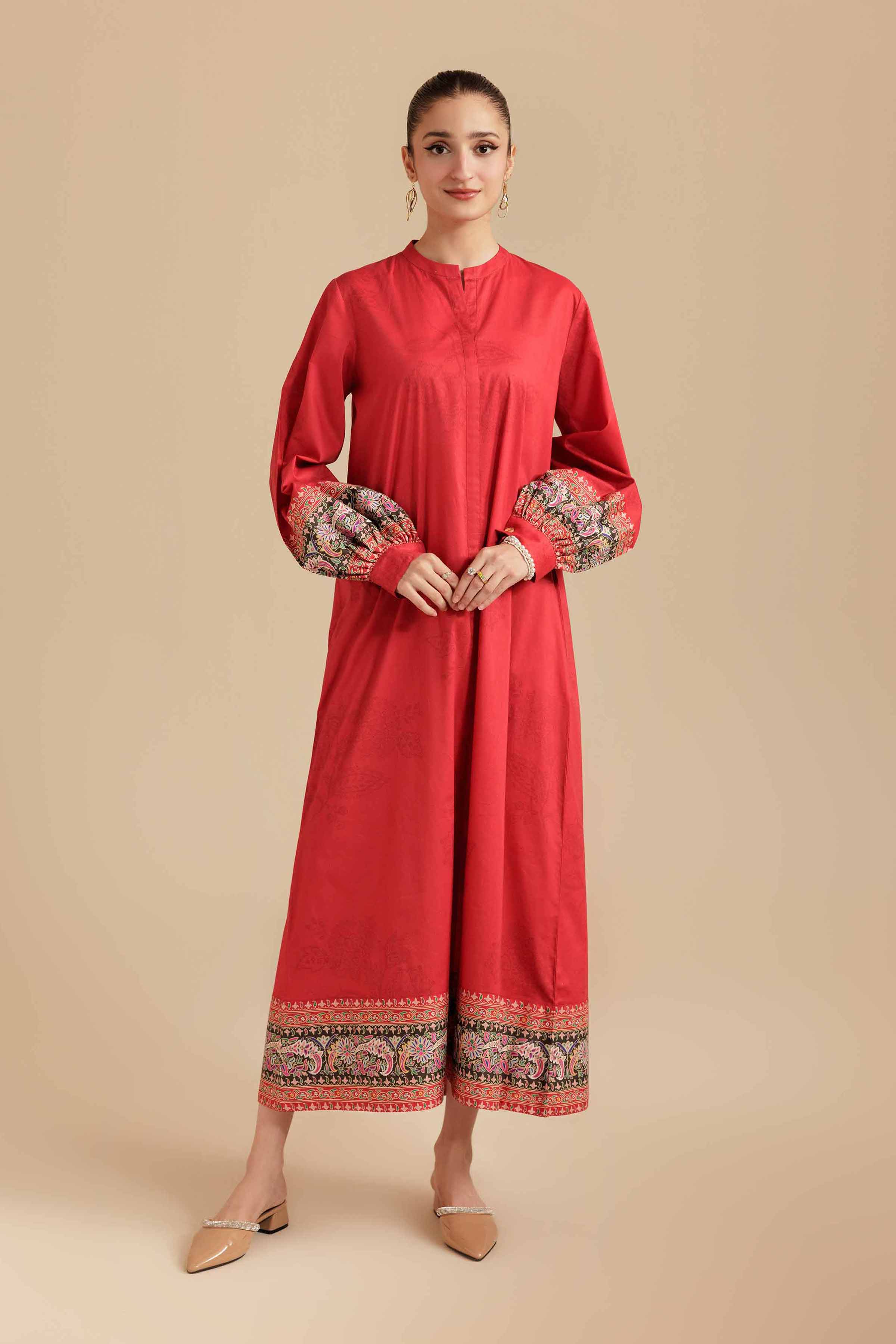 NishatUK - Red Printed Cambric 1-piece ready to wear Long Dress