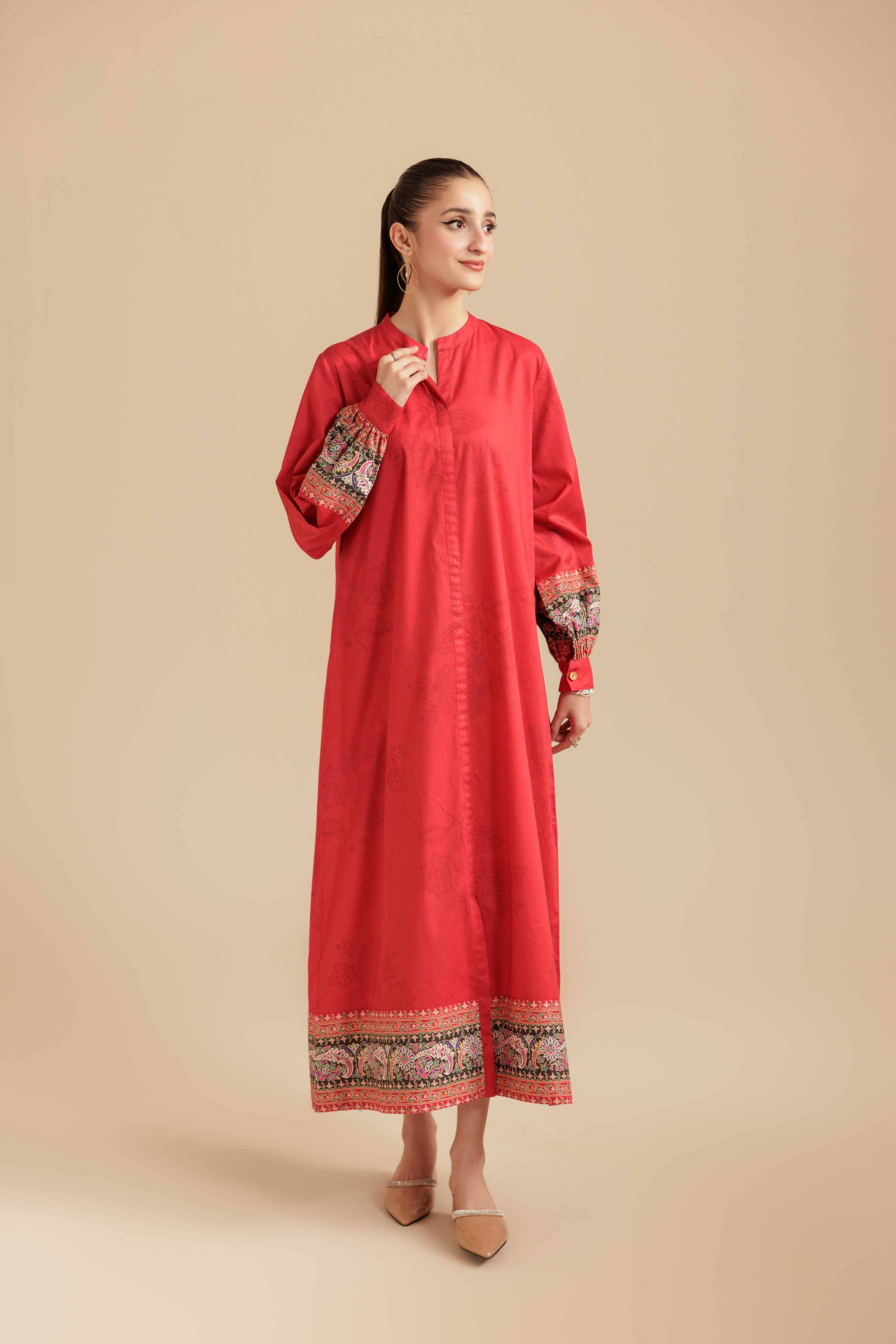 NishatUK - Red Printed Cambric 1-piece ready to wear Long Dress